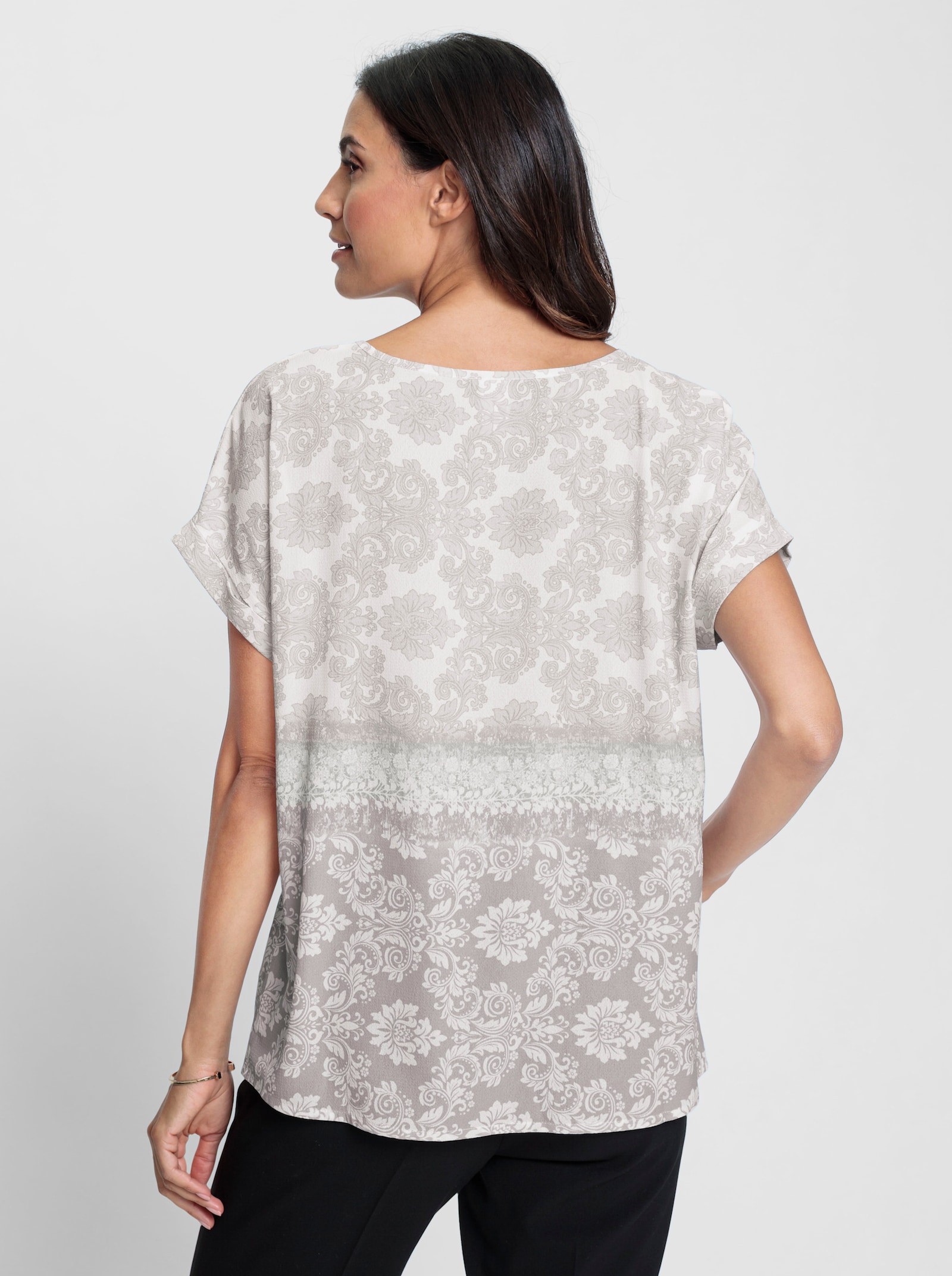 Druckbluse mit fixiertem Ärmelaufschlag - hellgrau-ecru-bedruckt