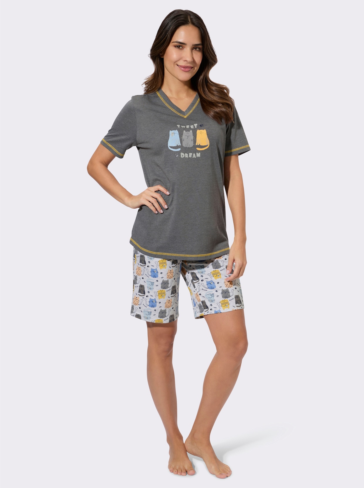 Shorty mit Katzen-Motiv - anthrazit-steingrau-bedruckt