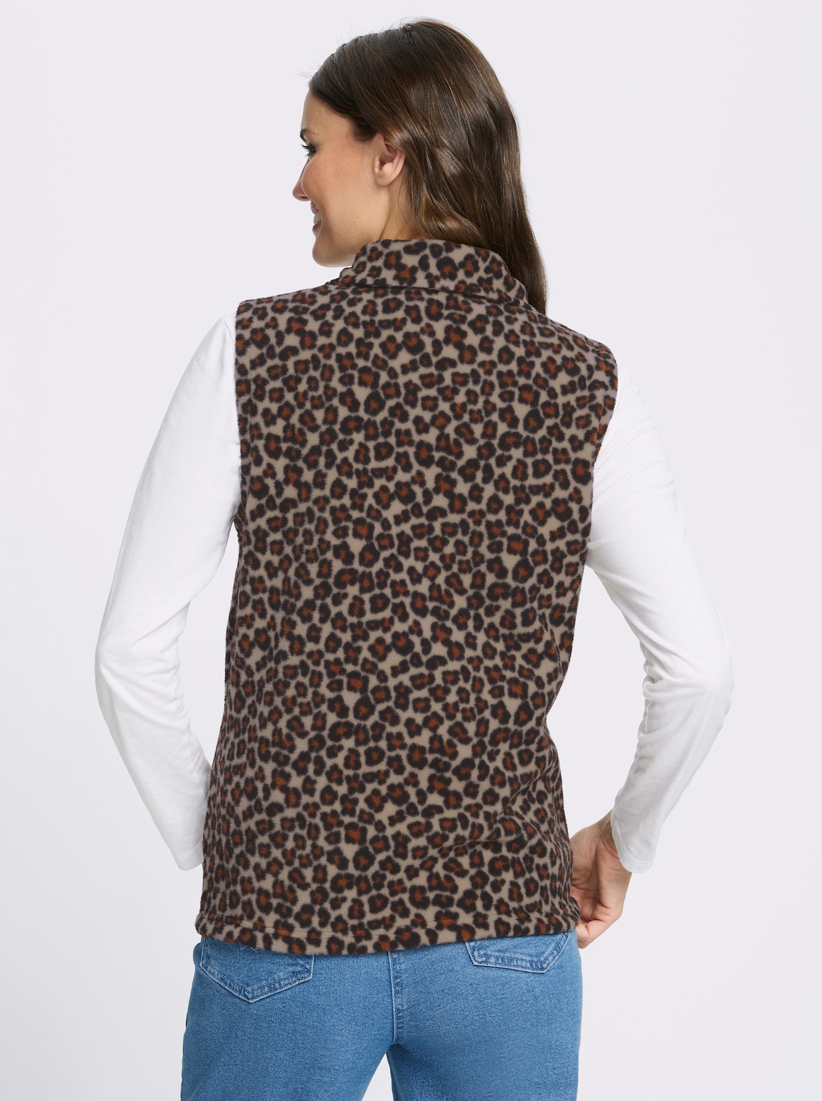 Fleeceweste mit Leo-Muster - beige-schwarz-bedruckt