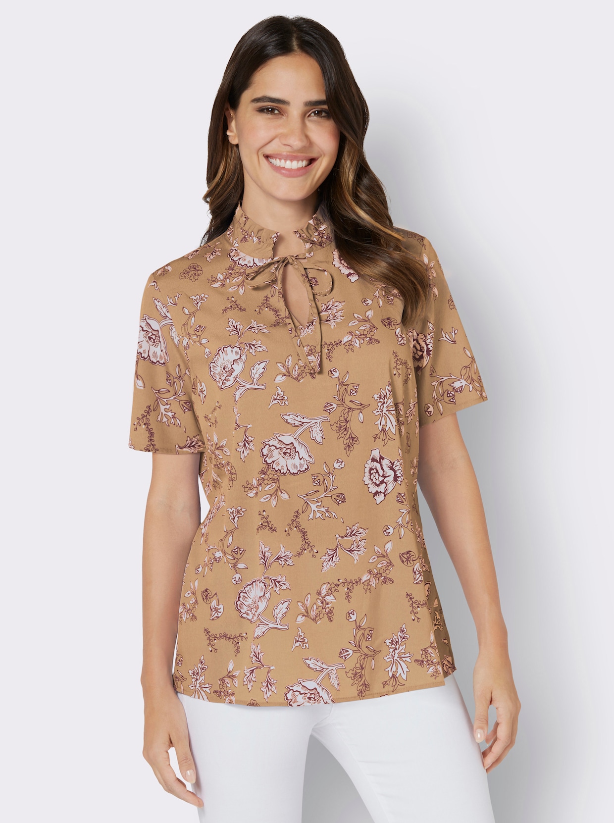 Comfortabele blouse - camel/bordeaux bedrukt