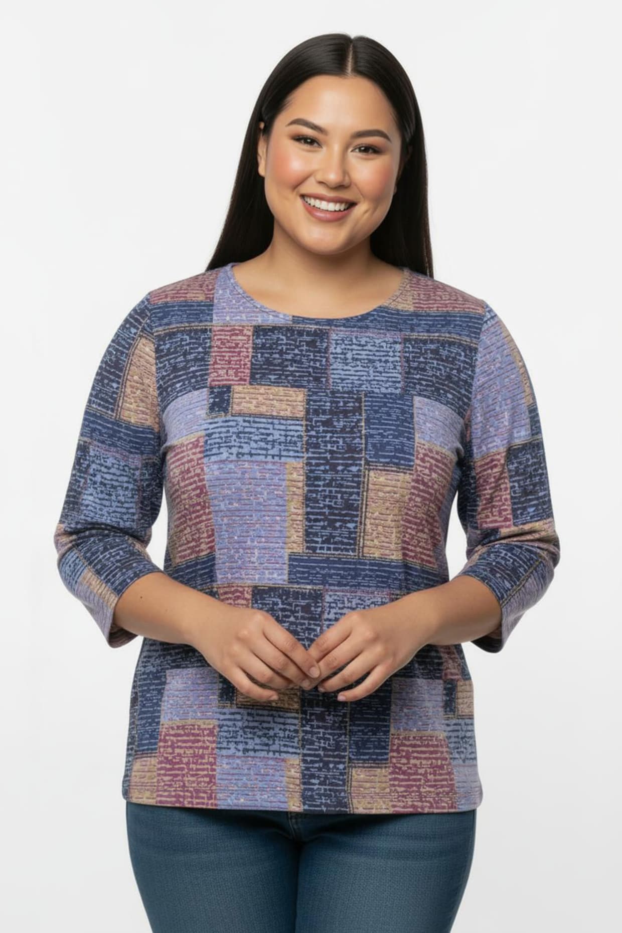 3/4-Arm-Shirt in Patch-Optik - royalblau-erika-bedruckt