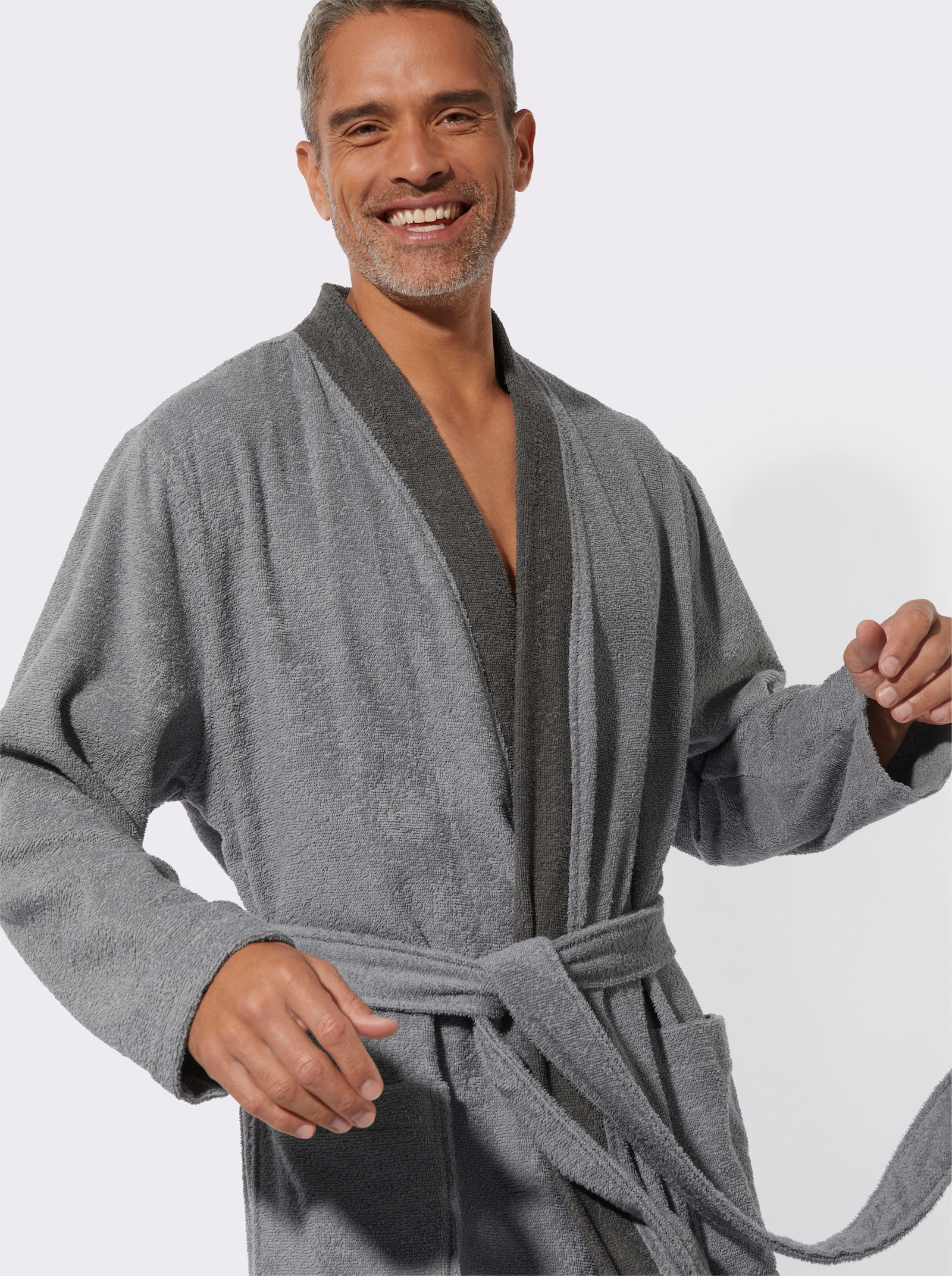 Herrenbademantel mit Taschen - steingrau