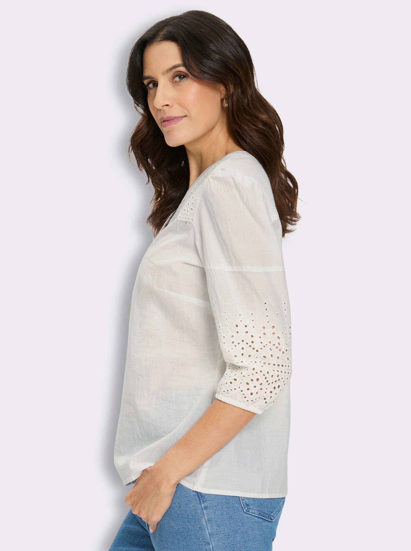 Baumwollbluse mit Madeira-Stickerei - champagner