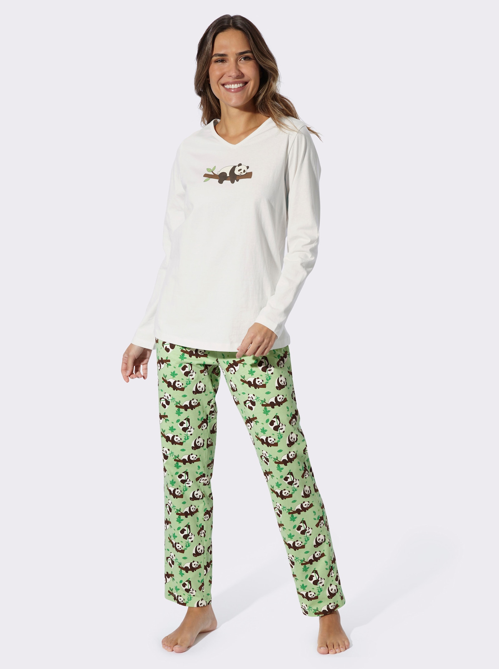 Schlafanzug mit Panda-Motiv - ecru-apfel-bedruckt