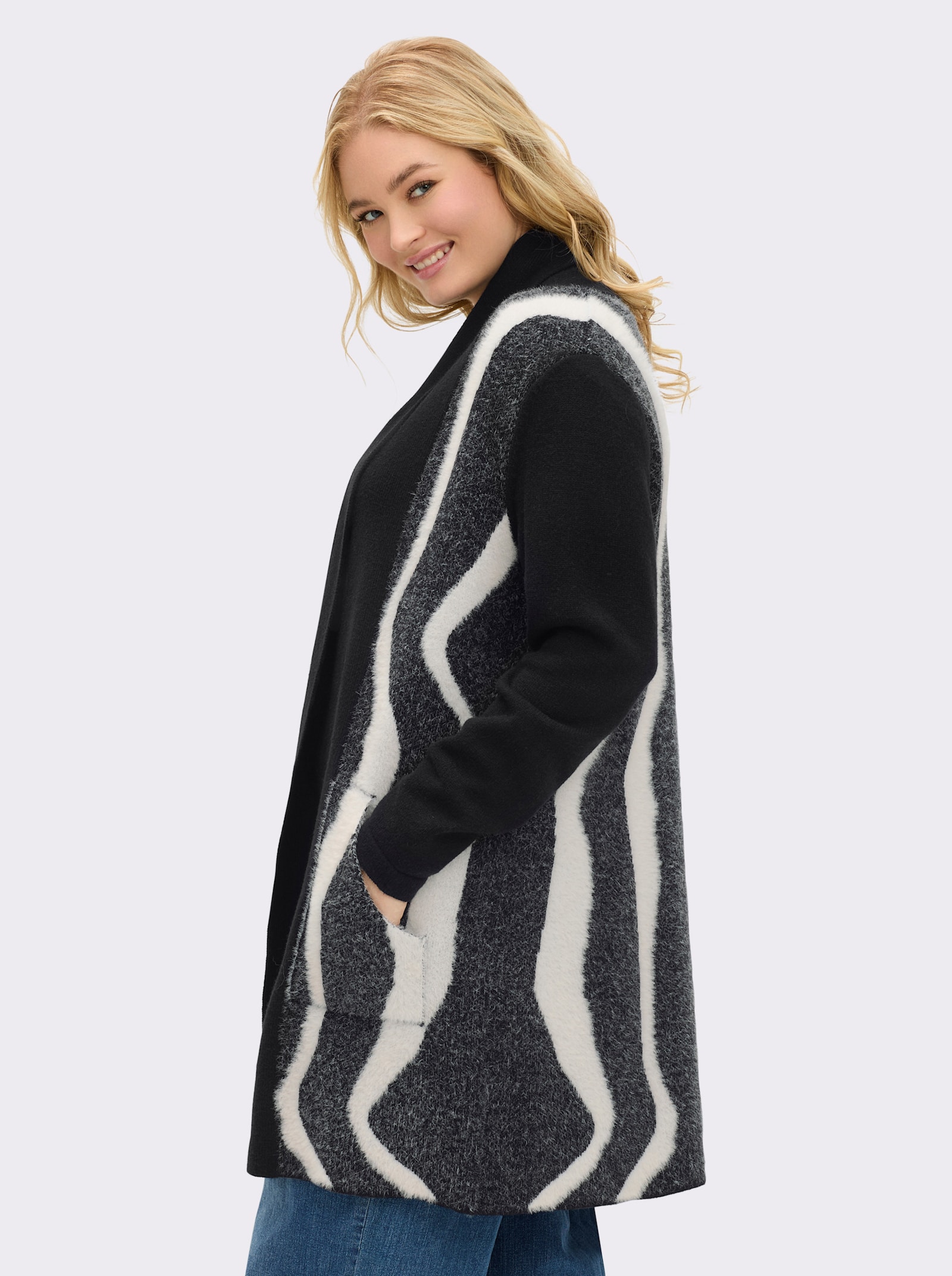 sheego Vest met pluisgarenpatroon - zwart/ecru gedessineerd