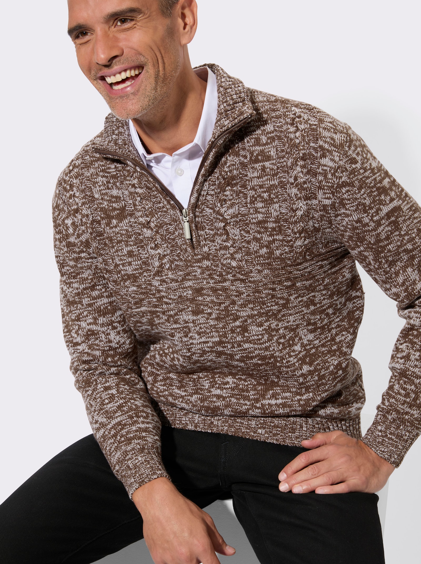 Langarm-Pullover mit platziertem Zopfmuster - schoko-meliert