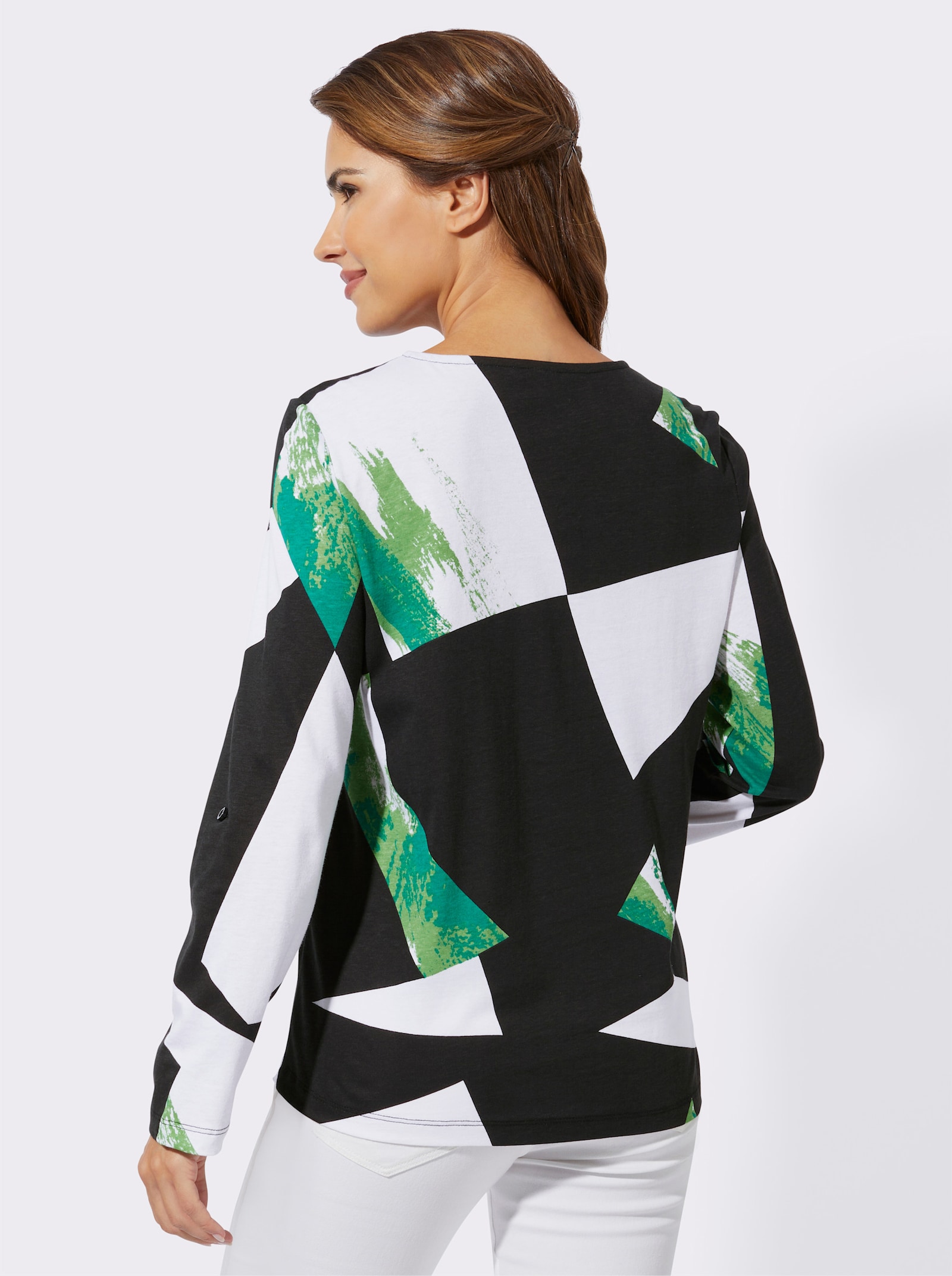 Shirt met V-hals in grafisch dessin - zwart/appelgroen gedessineerd