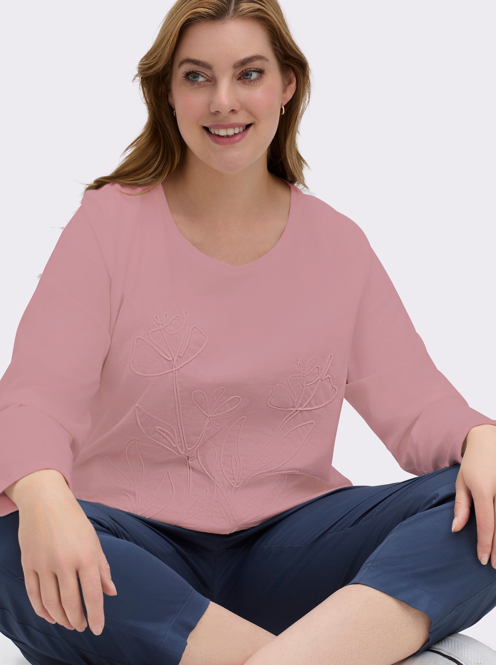 Rundhalsshirt mit Kordel-Stickerei - hortensie