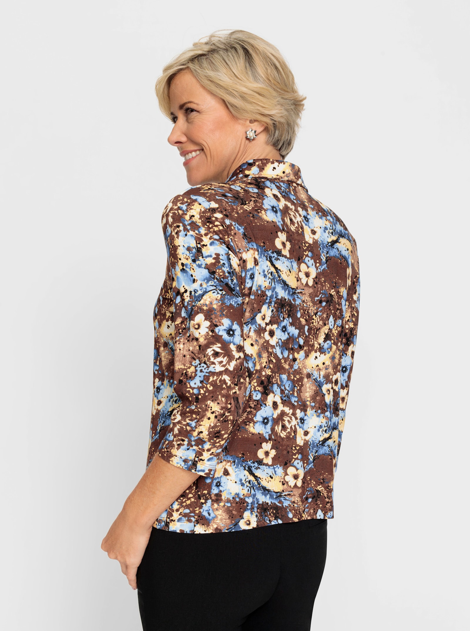 Poloshirt in floralem Mustermix - braun-hellblau-bedruckt