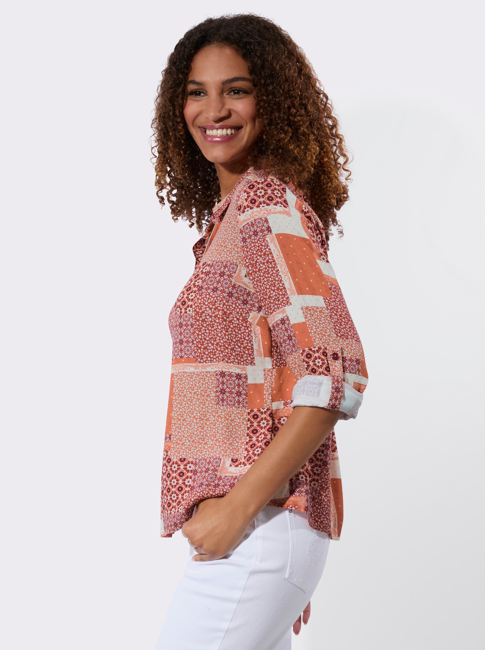 Druckbluse - champagner-papaya-bedruckt