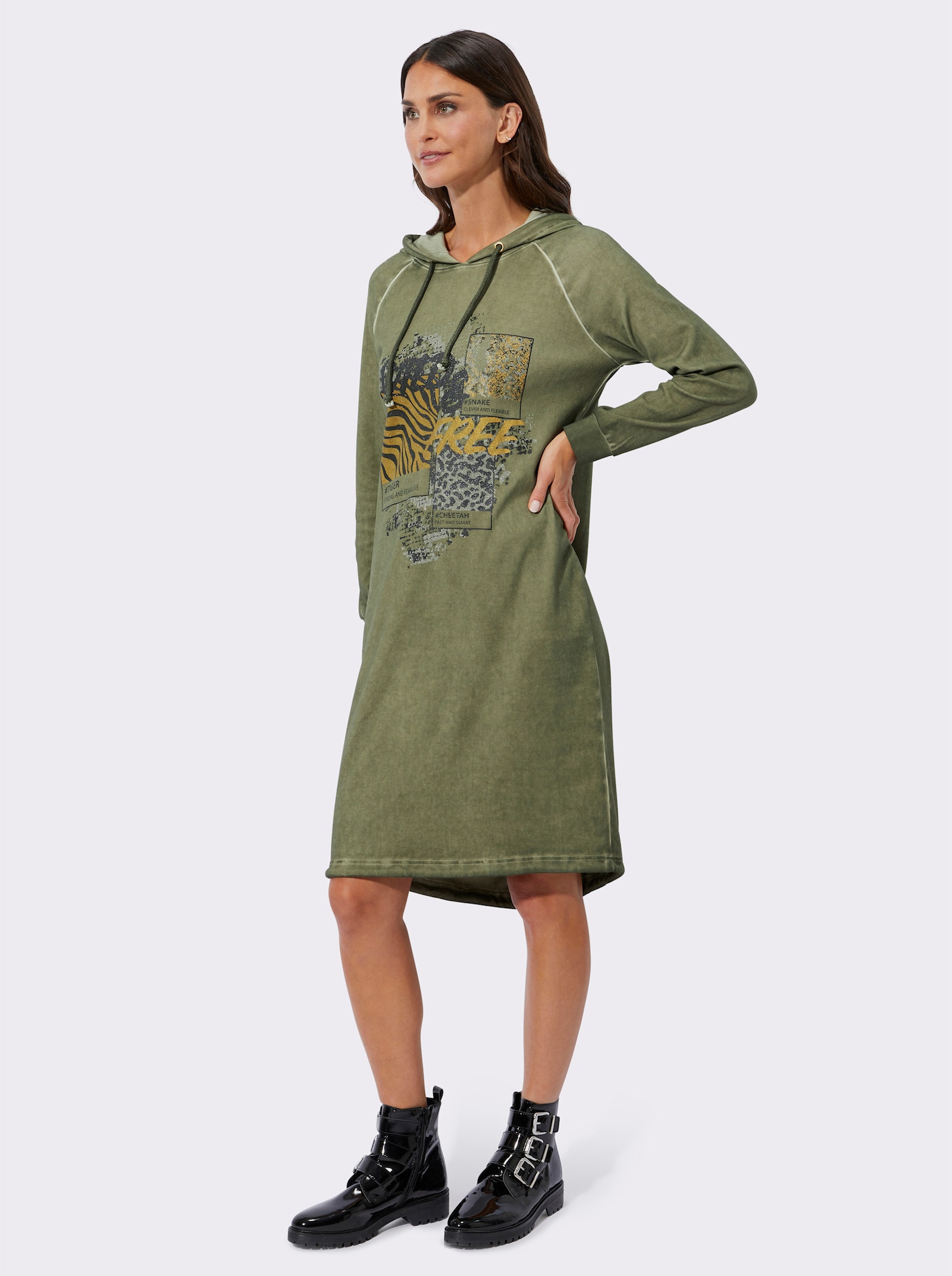 Jerseykleid mit Animal-Foliendruck - khaki