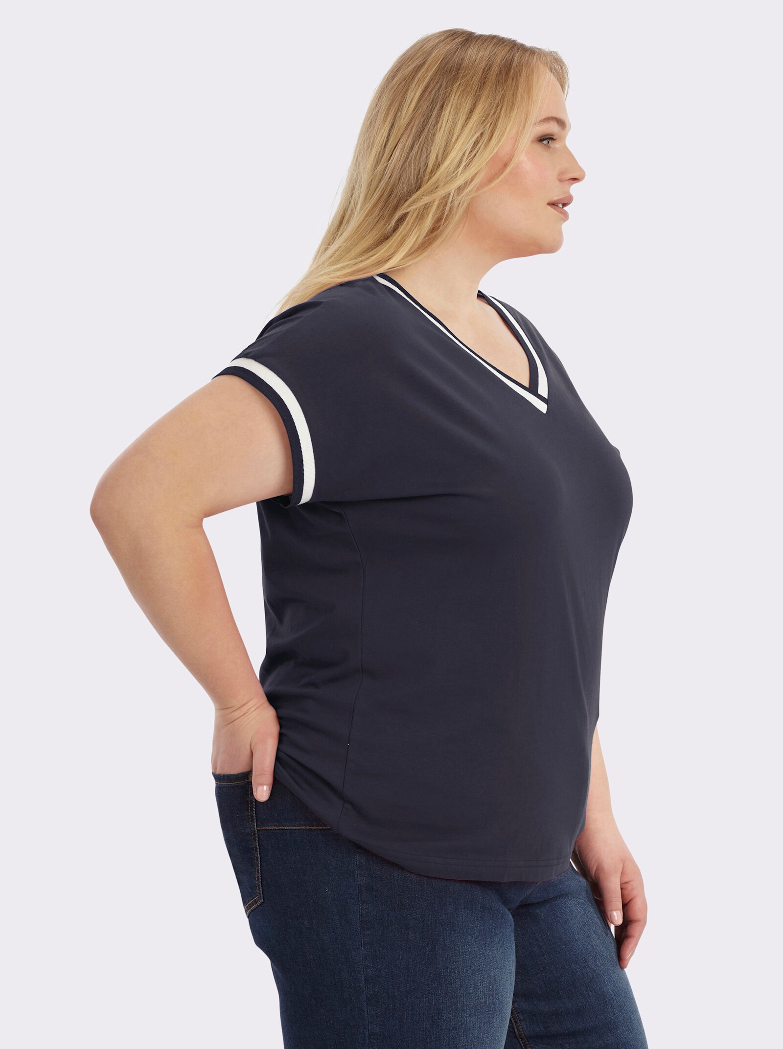 Kurzarmshirt mit Zierband - marine