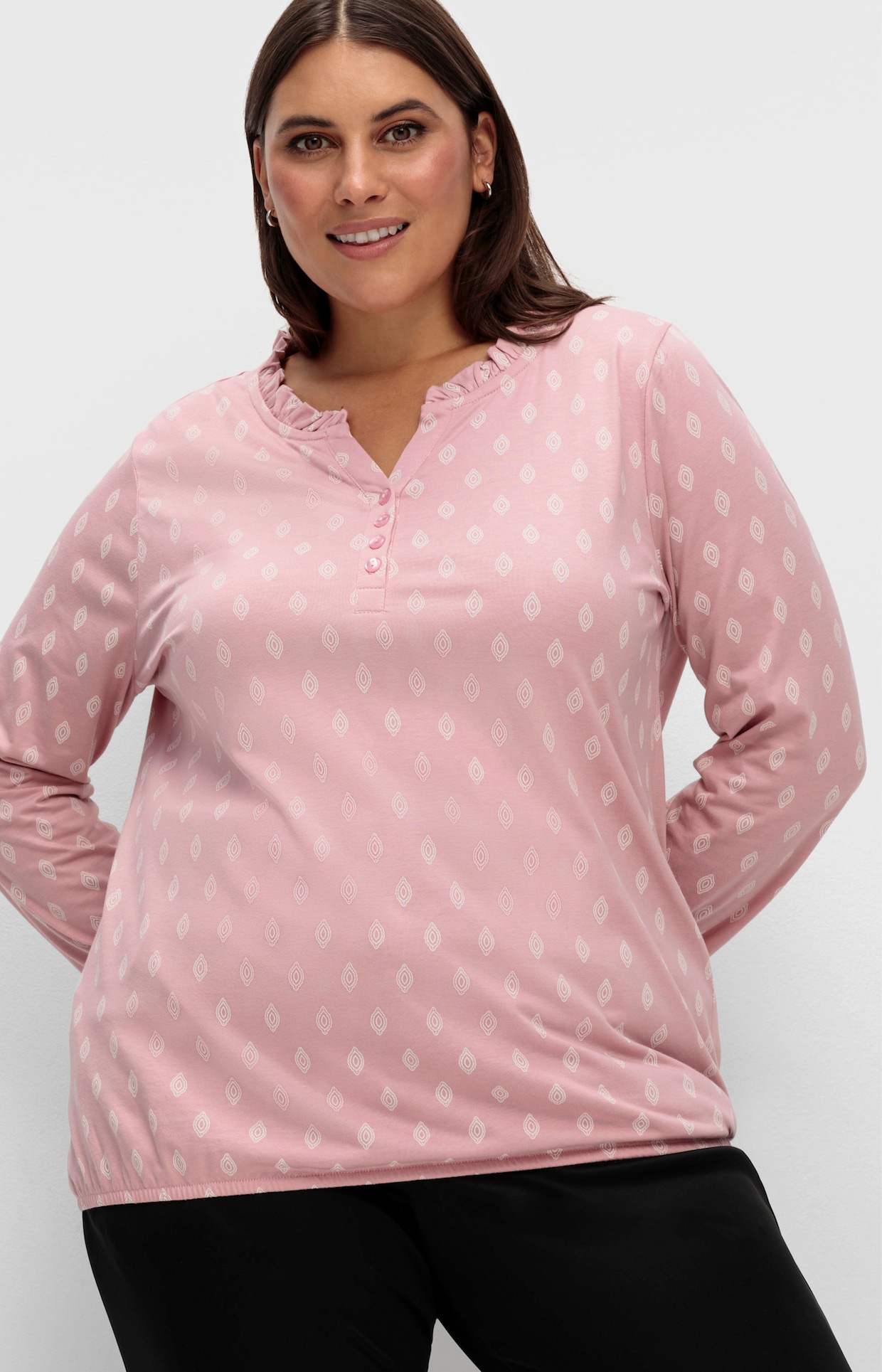 Langarmshirt mit Rüschen - hortensie-ecru-bedruckt