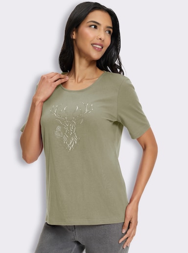 Kurzarmshirt mit Hirsch-Motiv - schilf-oliv