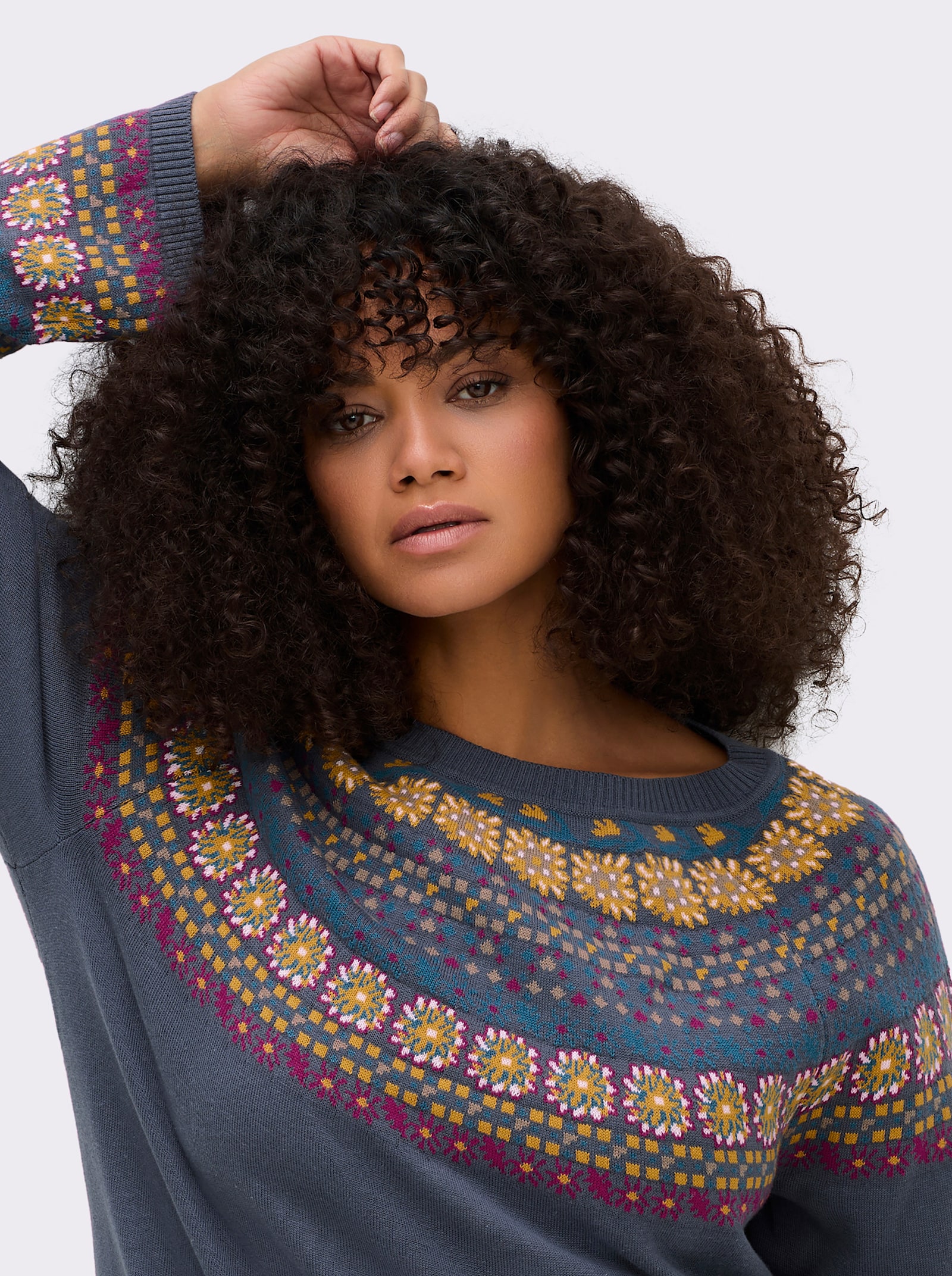 sheego Pullover met Noors jacquardpatroon - rookblauw