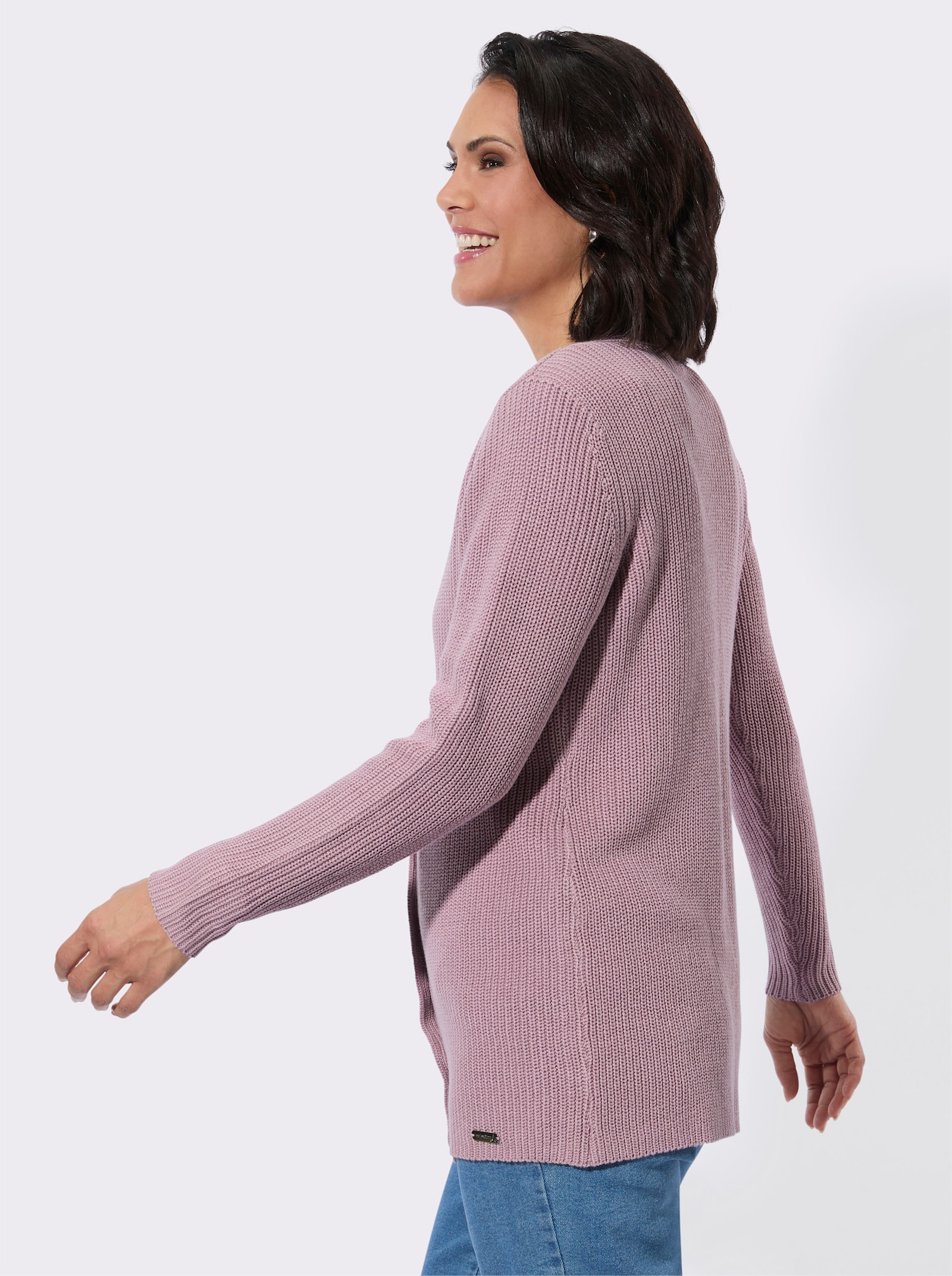 Longstrickjacke mit feiner Rippstruktur - mauve
