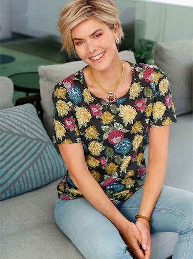 Print-Shirt mit floralem Muster - schwarz-gelb-bedruckt