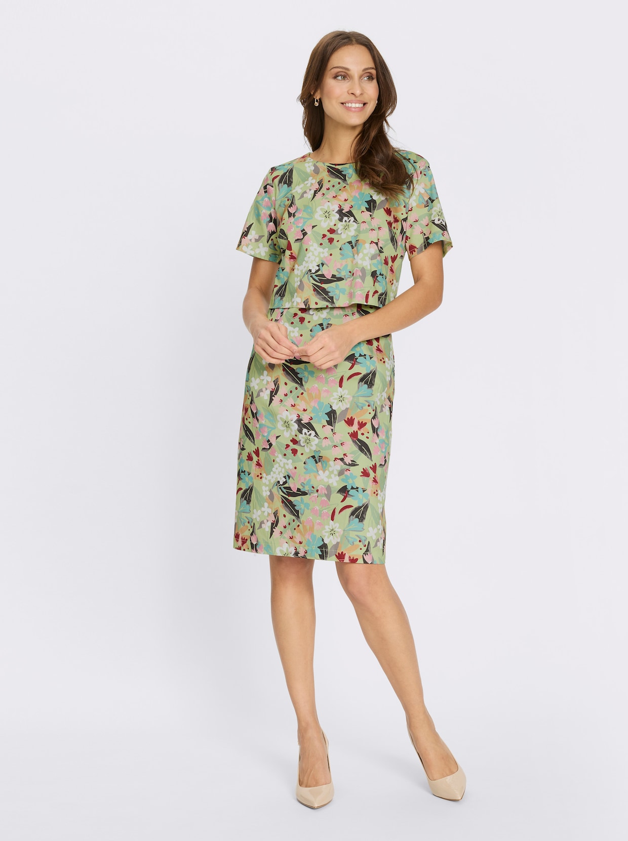 Druckkleid - lindgrün-altrosa-bedruckt