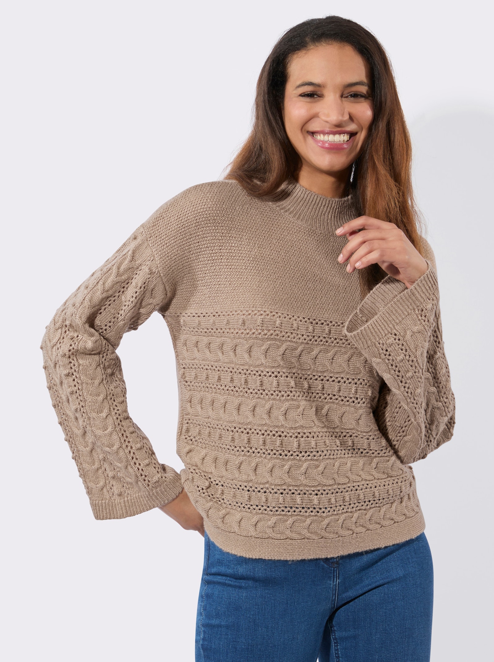 Stehkragenpullover mit weiten Ärmeln - sesam-meliert