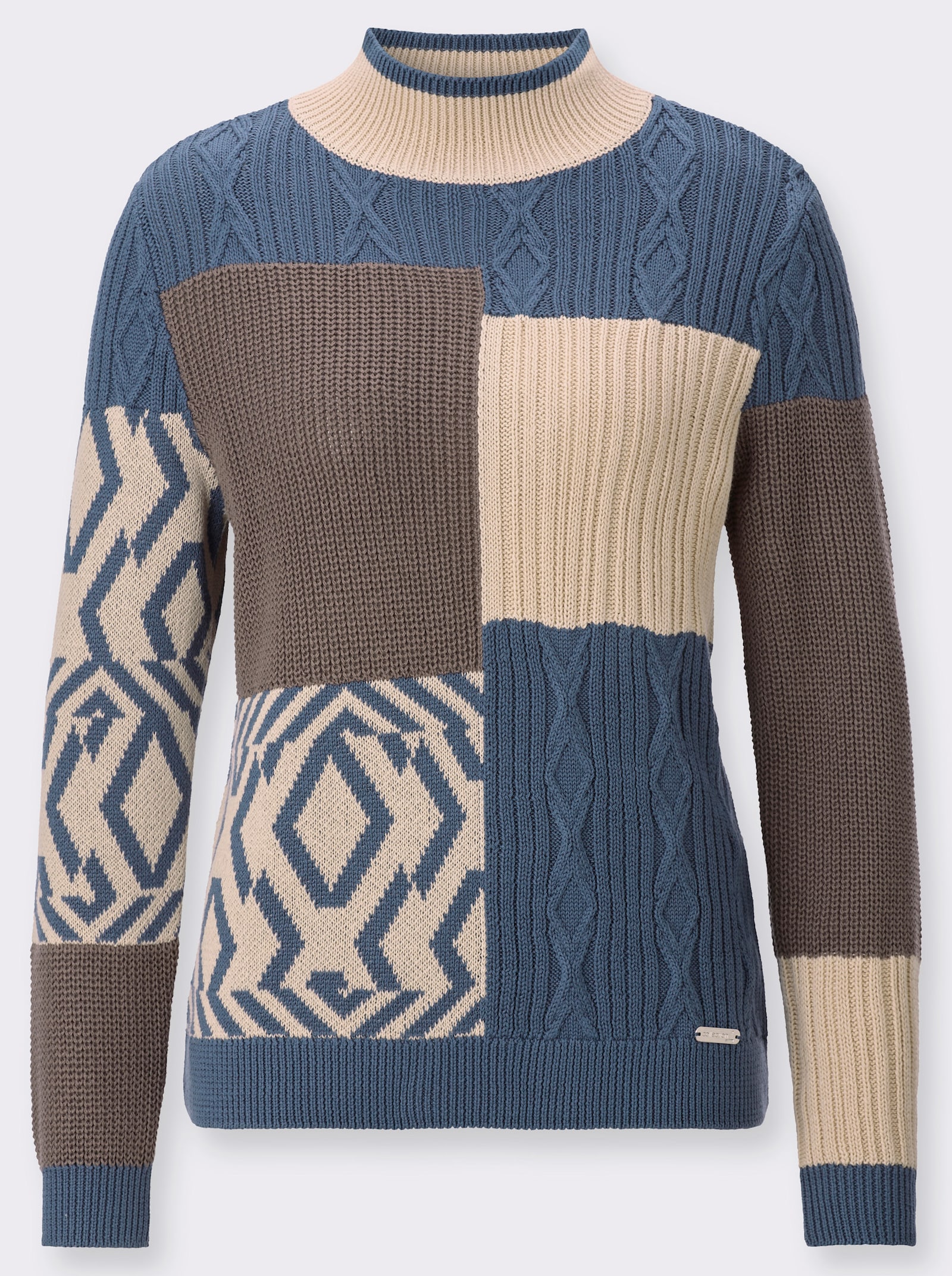  Stehkragenpullover in Patchwork-Optik - elfenbein-rauchblau-gemustert