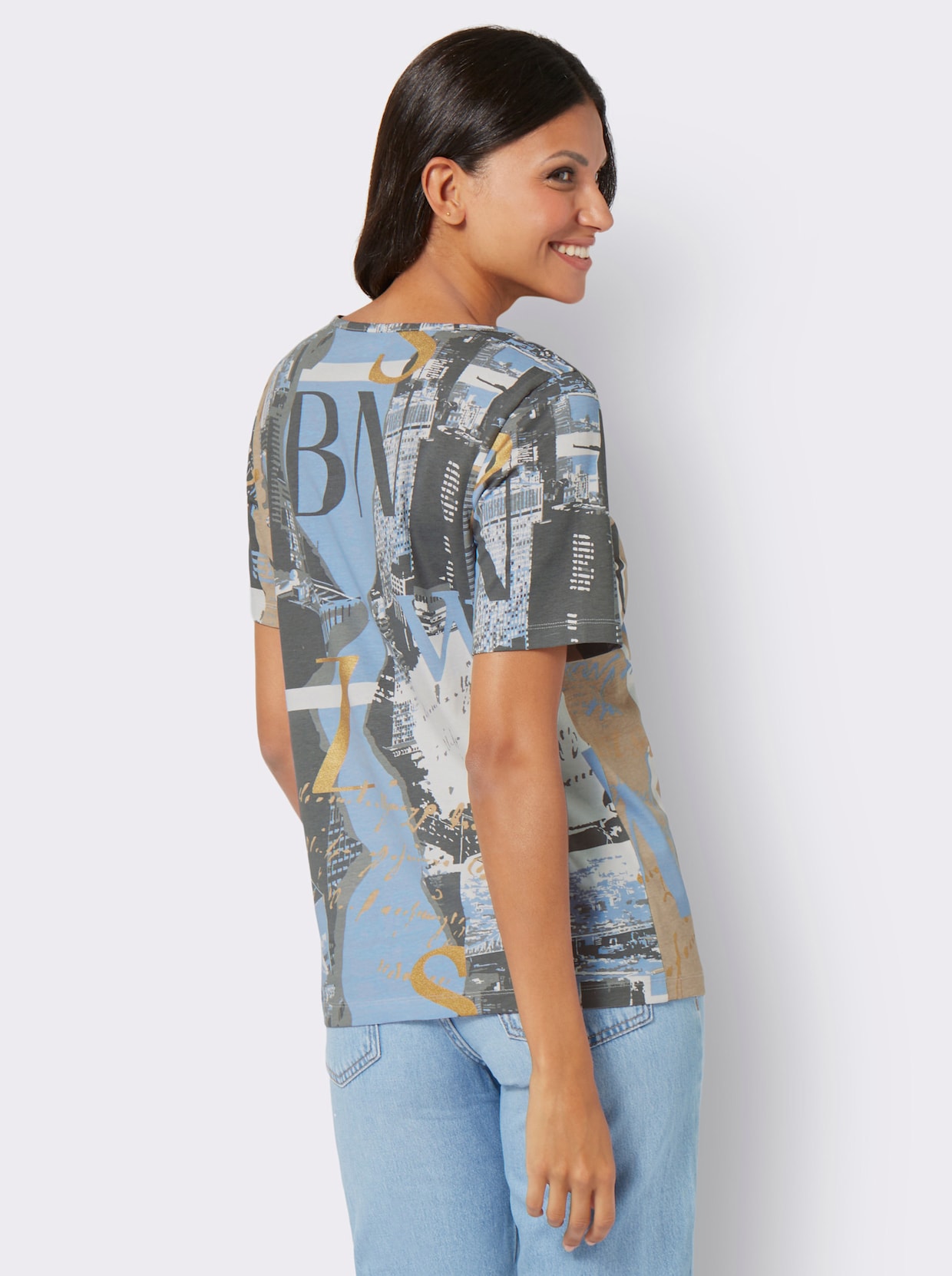 Shirt met ronde hals - ecru/bleu geprint