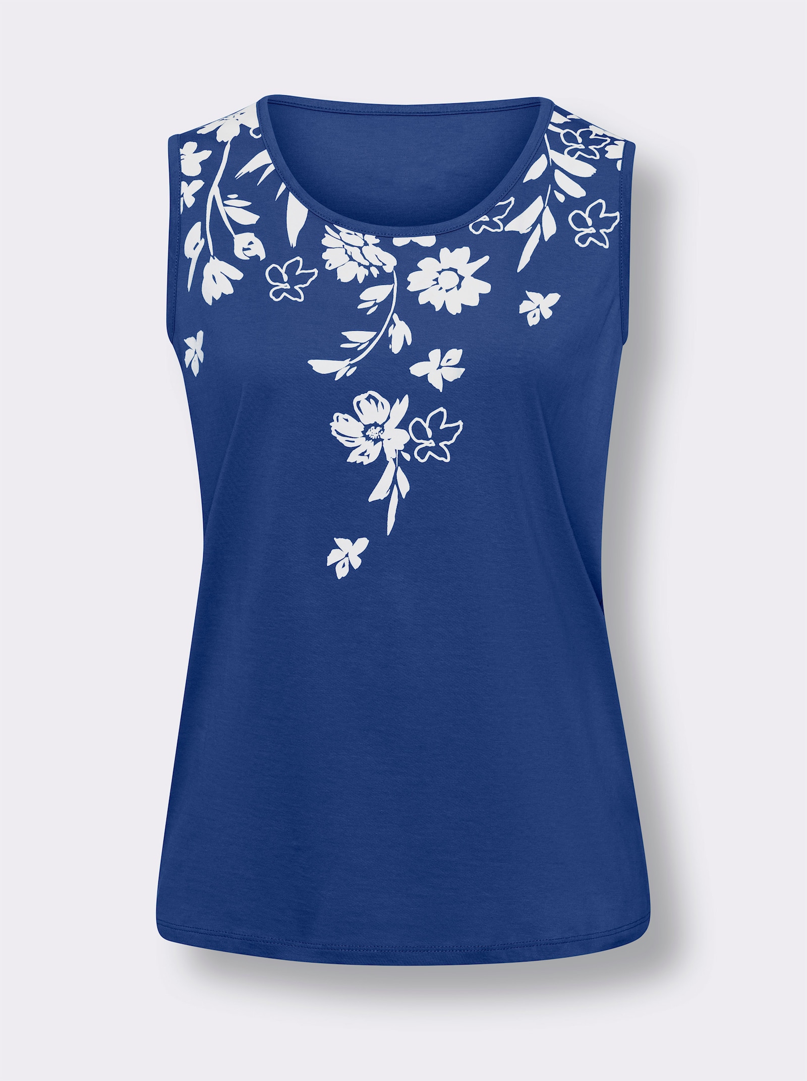 Linne med blomtryck - kungsblå-vit