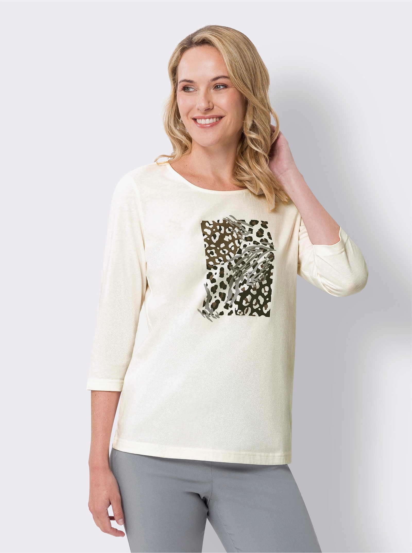 Tričko s kulatým výstřihem a leopardím potiskem - ecru-grafitová-potisk
