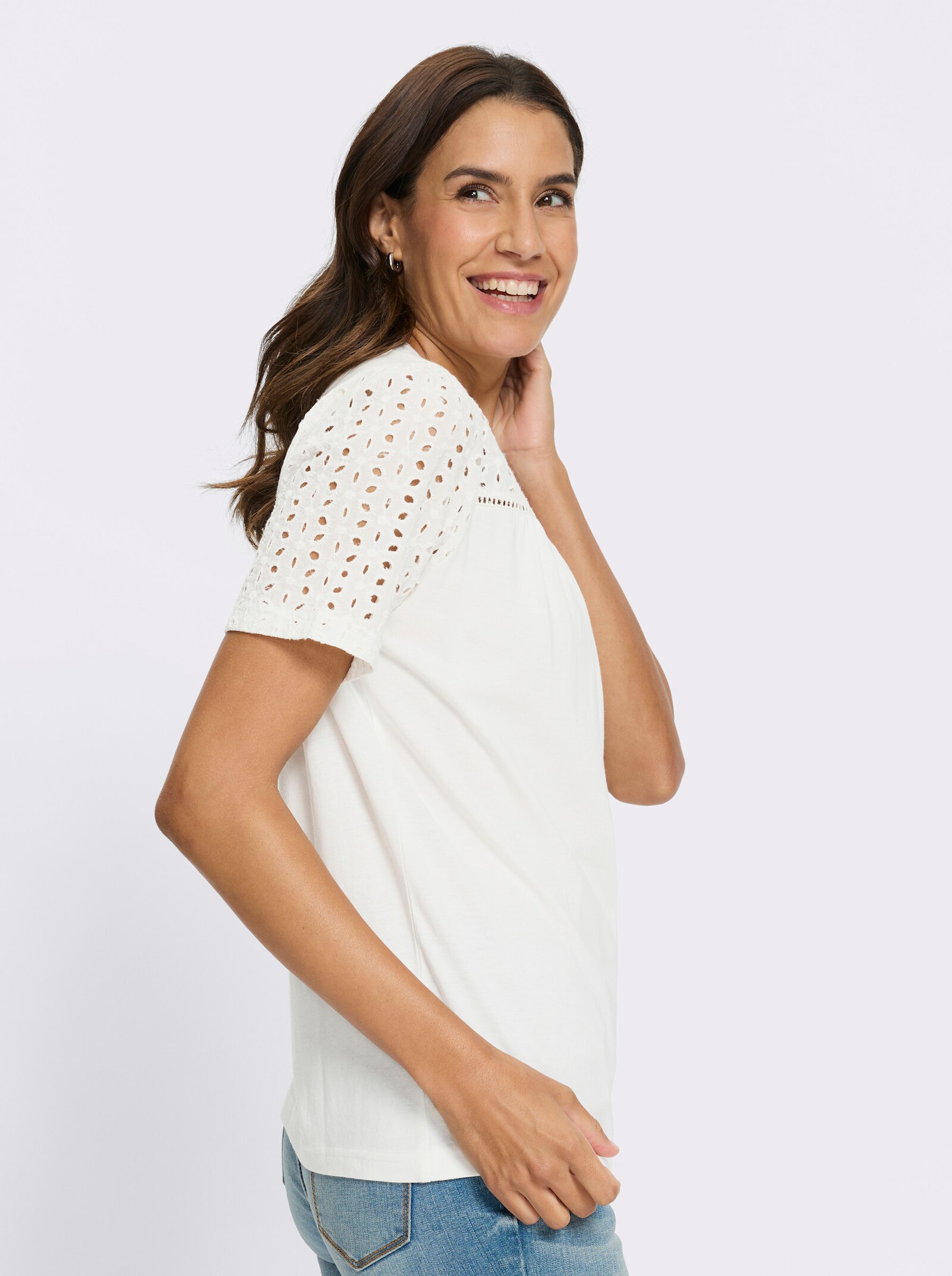 Kurzarmshirt mit Madeira-Stickerei - weiß