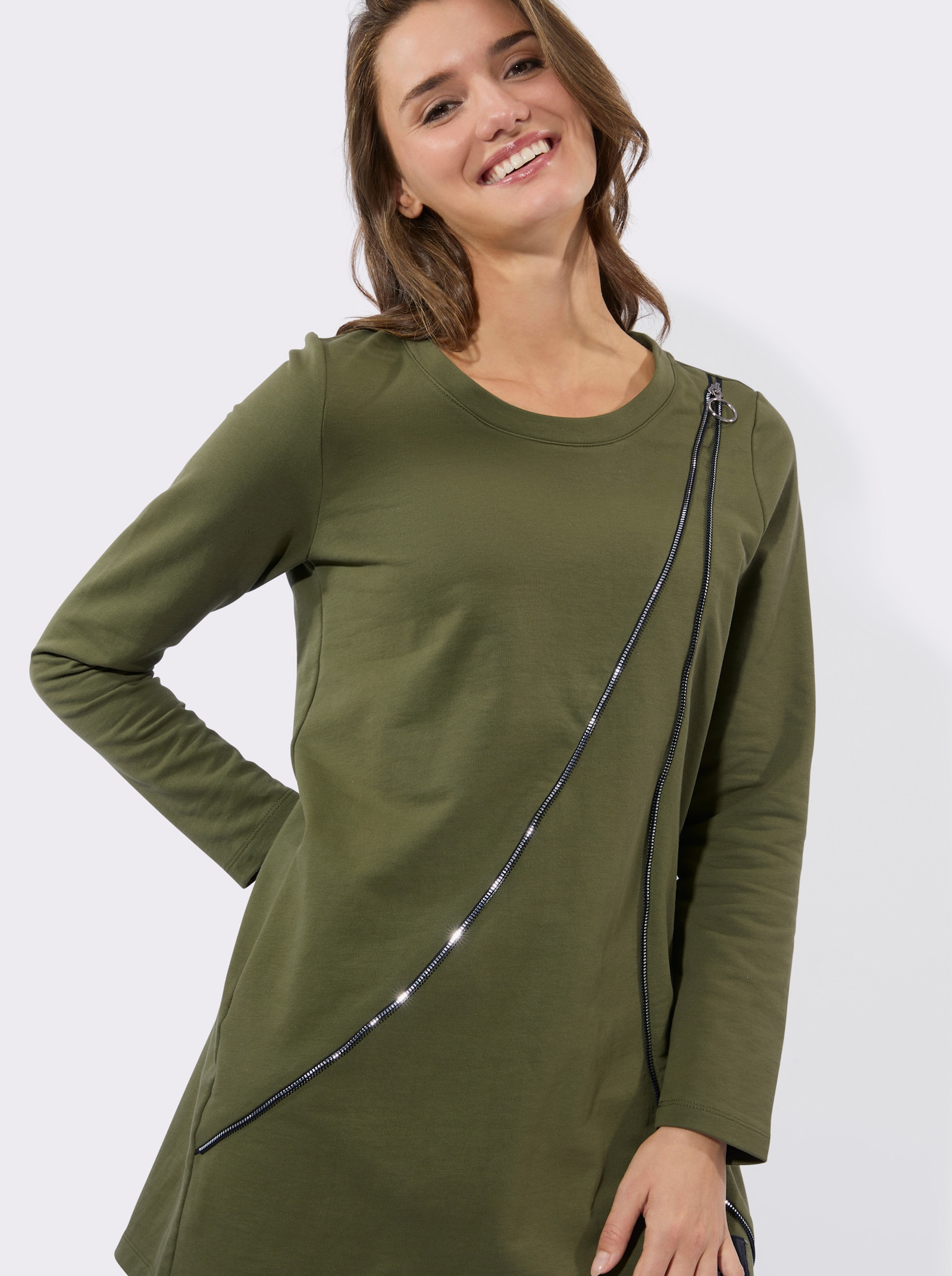 Longsweatshirt mit Zierreißverschluss - oliv