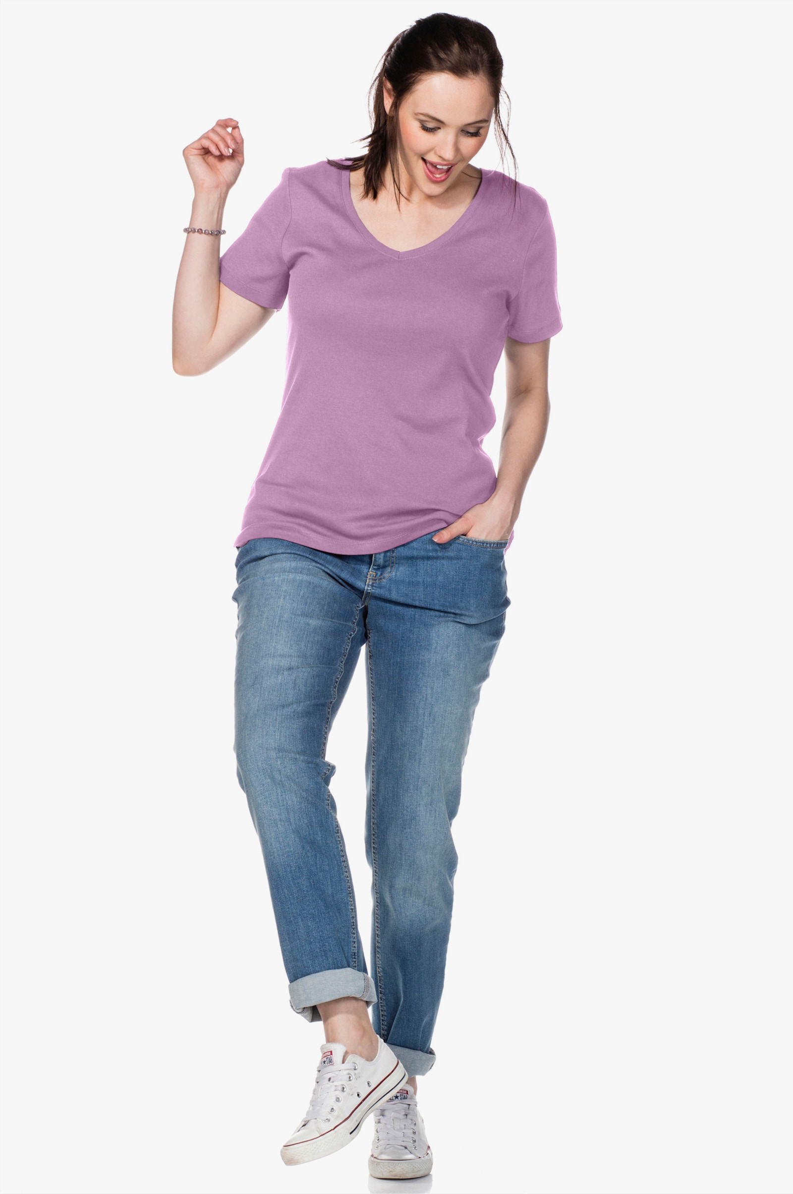 sheego T-Shirt mit V-Ausschnitt, Rippqualität - orchidee