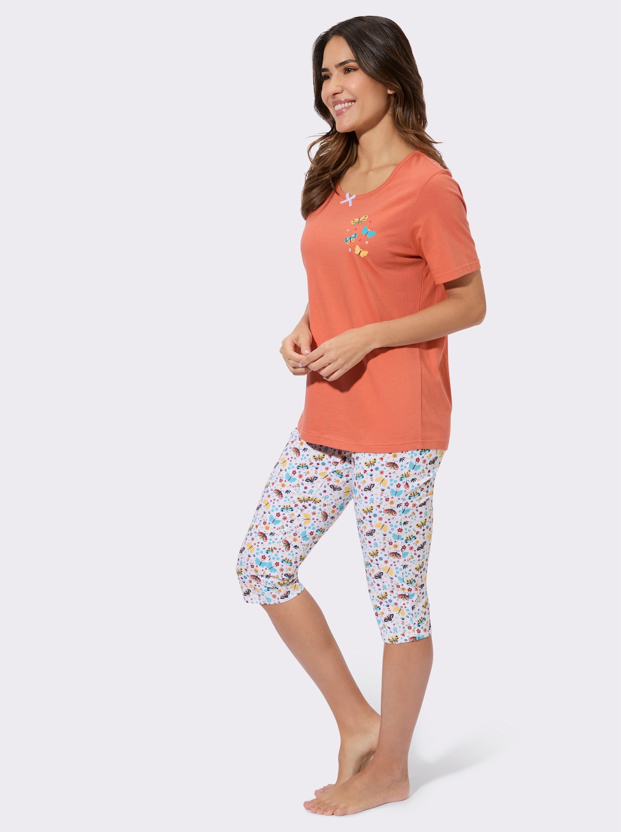 Capri-Schlafanzug mit Schmetterlings-Motive - papaya-weiß-bedruckt
