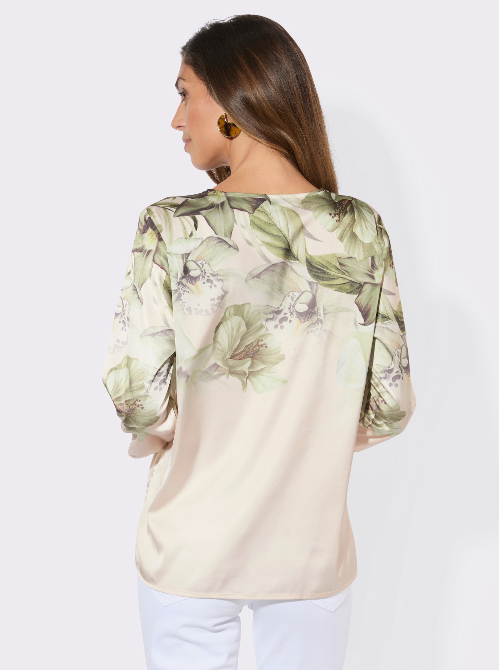 Druckbluse mit elastischem Ärmel-Abschluss - champagner-schilf-bedruckt