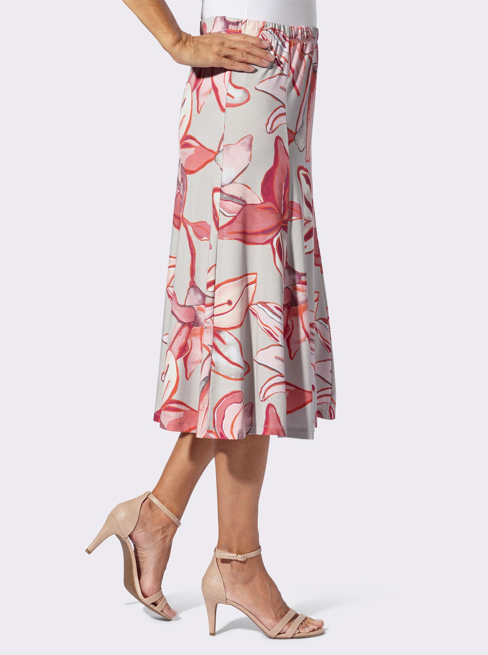 Jerseyrok met bloemdessin - lichtgrijs/koraal bedrukt