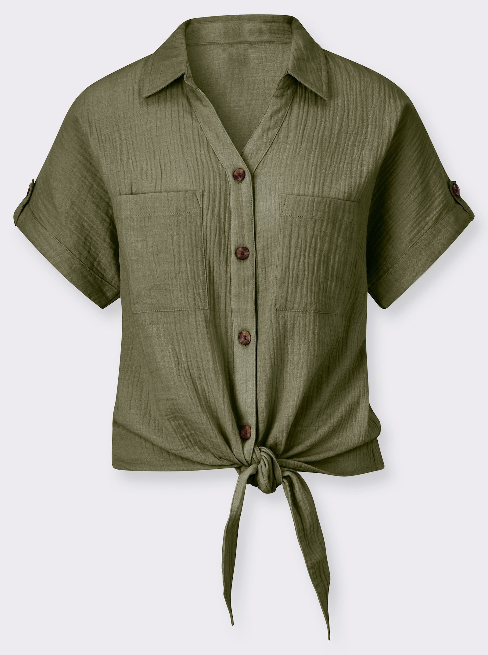 Baumwollbluse mit zipfligem Saum zum Knoten - oliv