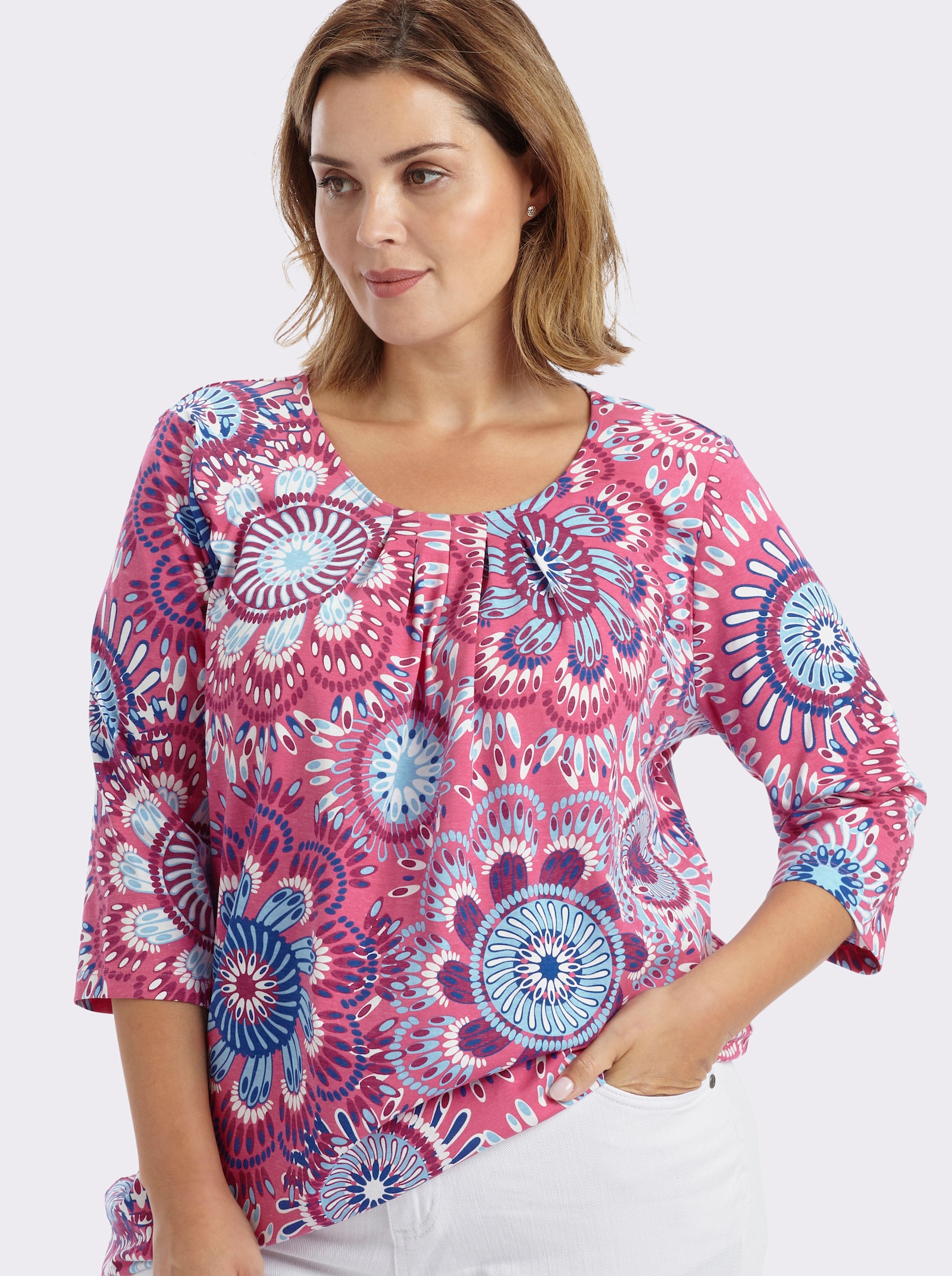 Longshirt in leichter A-Linie - fuchsia-aqua-bedruckt