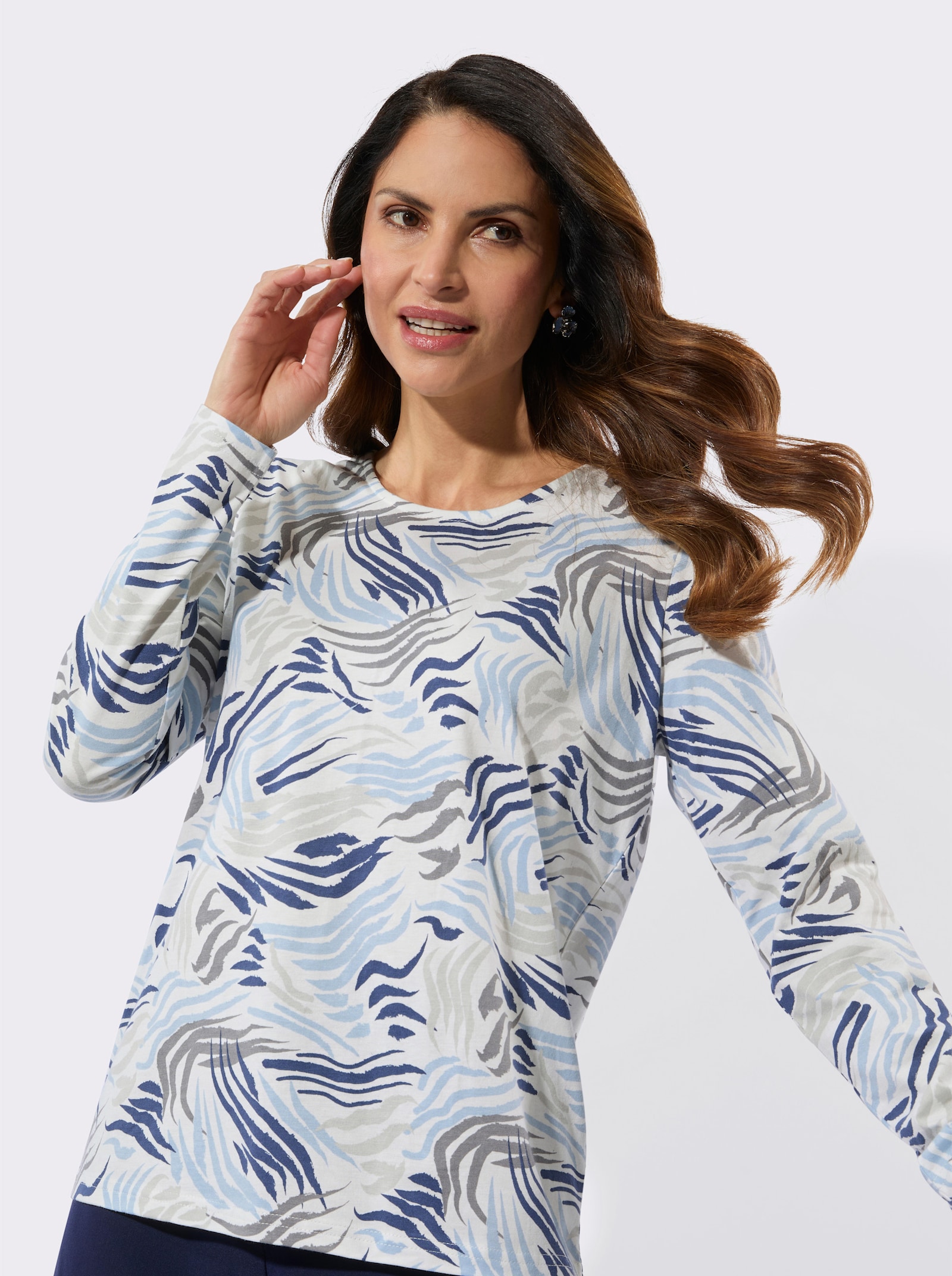 Langarmshirt im Grafik-Dessin - ecru-rauchblau-bedruckt