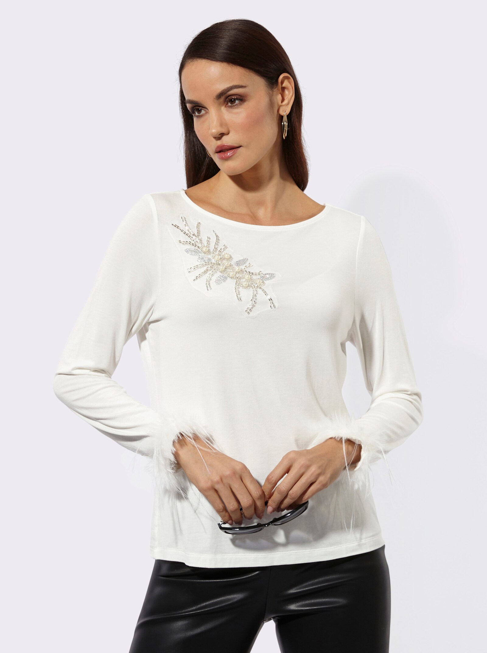 Langarmshirt mit Pailletten und Ziersteinchen - ecru