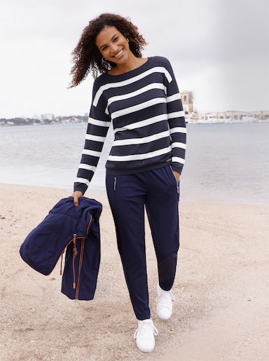  Feinstrickpullover mit U-Boot-Ausschnitt - marine-ecru-geringelt