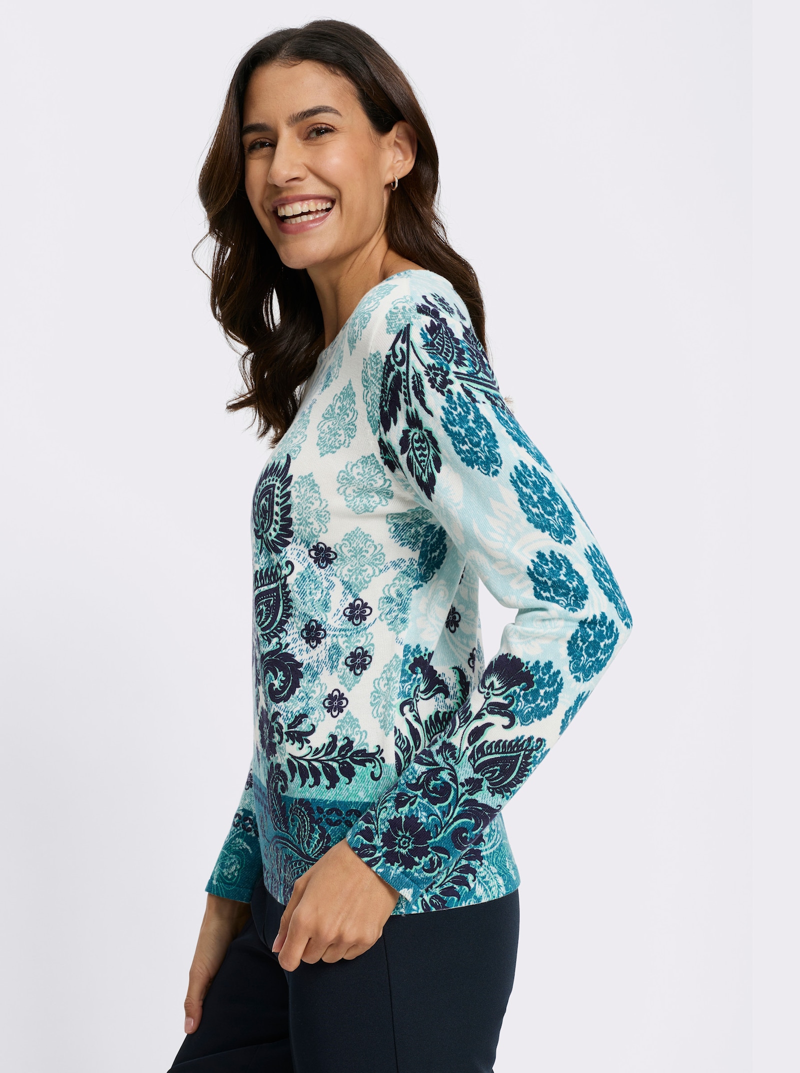 Feinstrickpullover mit platziertem Druck allover - ecru-ozean-bedruckt