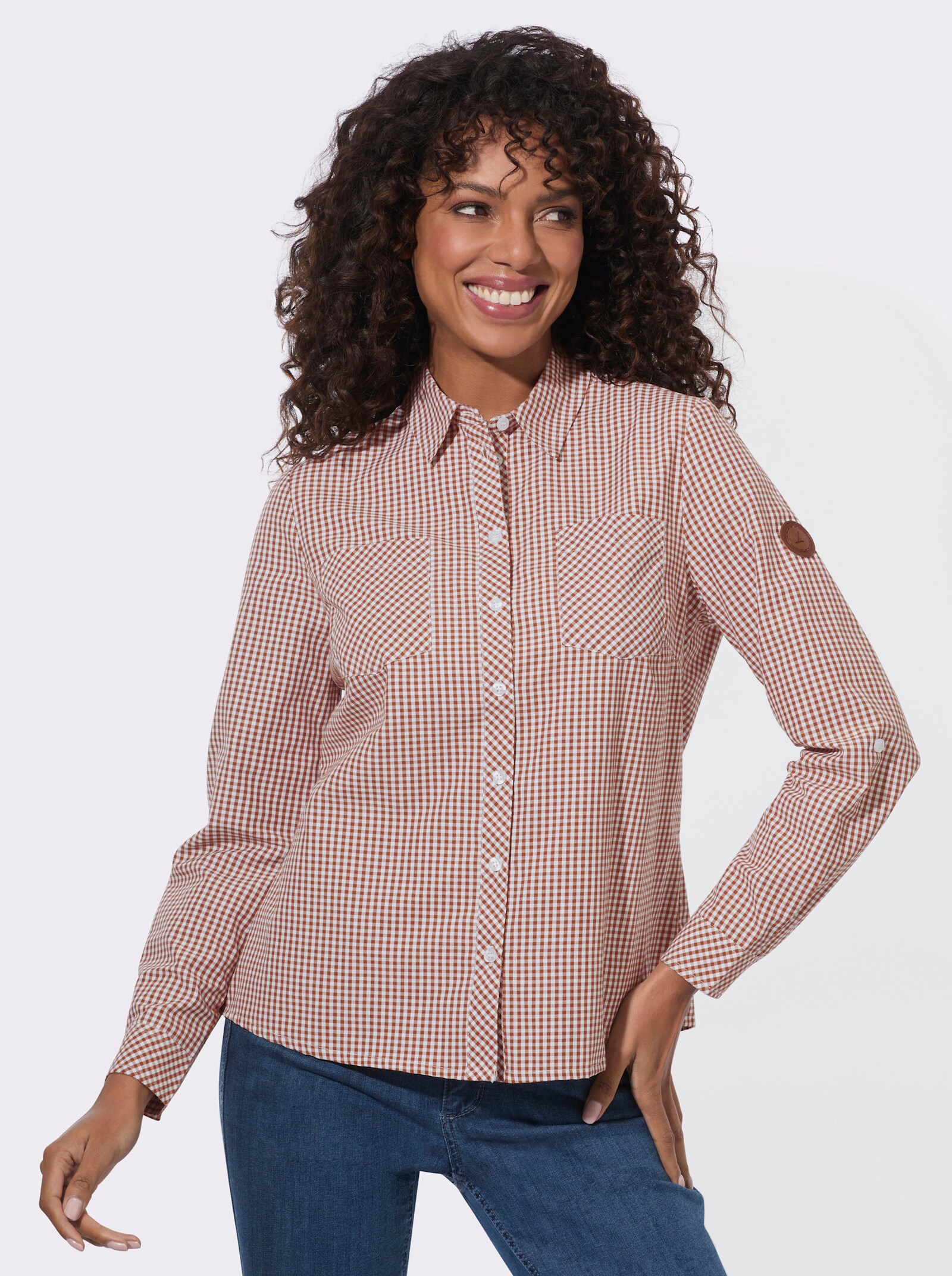  Karobluse mit Brusttaschen - cognac-weiß-kariert