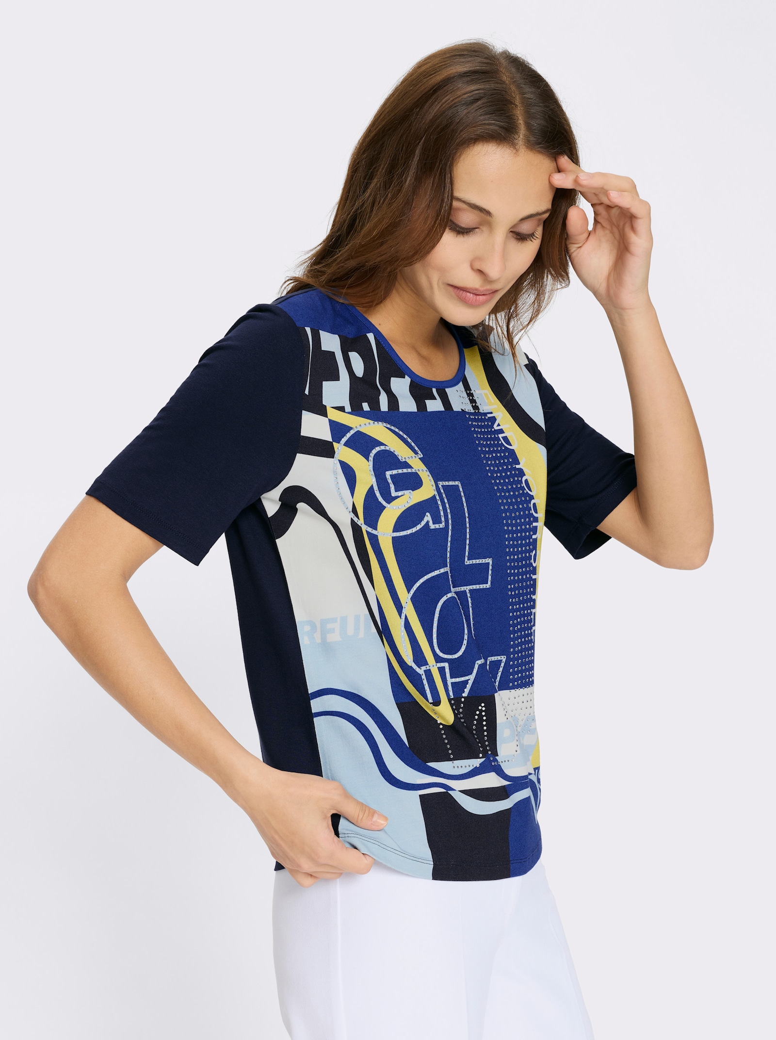 Kurzarmshirt mit einfarbigem Rückenteil - weiß-marine-bedruckt