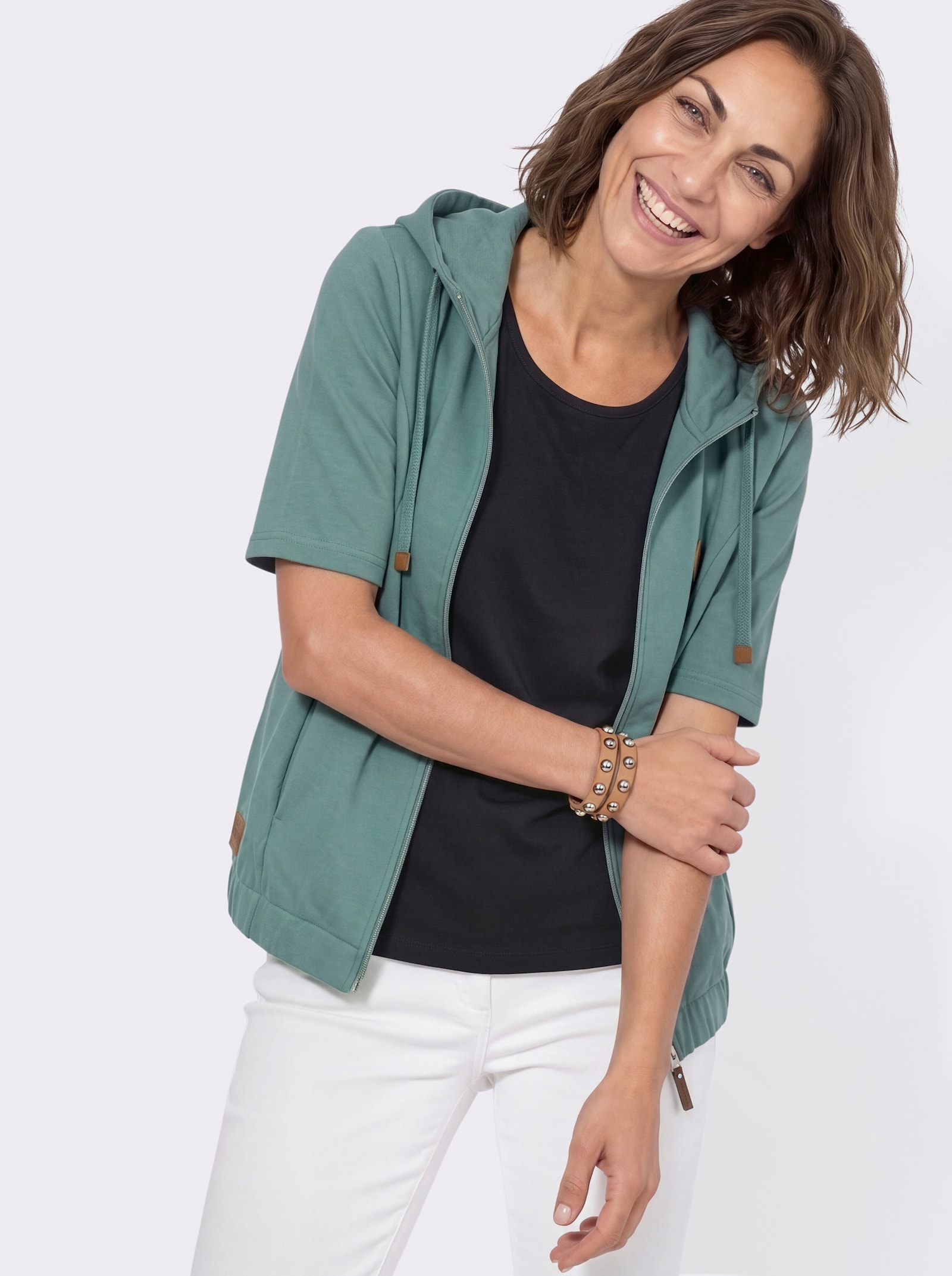 Shirtjacke mit Kapuze und Halbärmeln - jade
