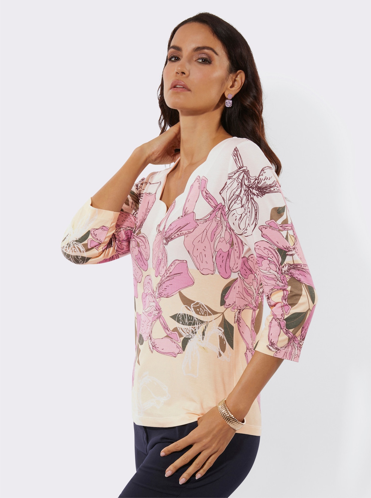 3/4-Arm-Shirt mit Wellenkante am Ausschnitt - ecru-orchidee-bedruckt