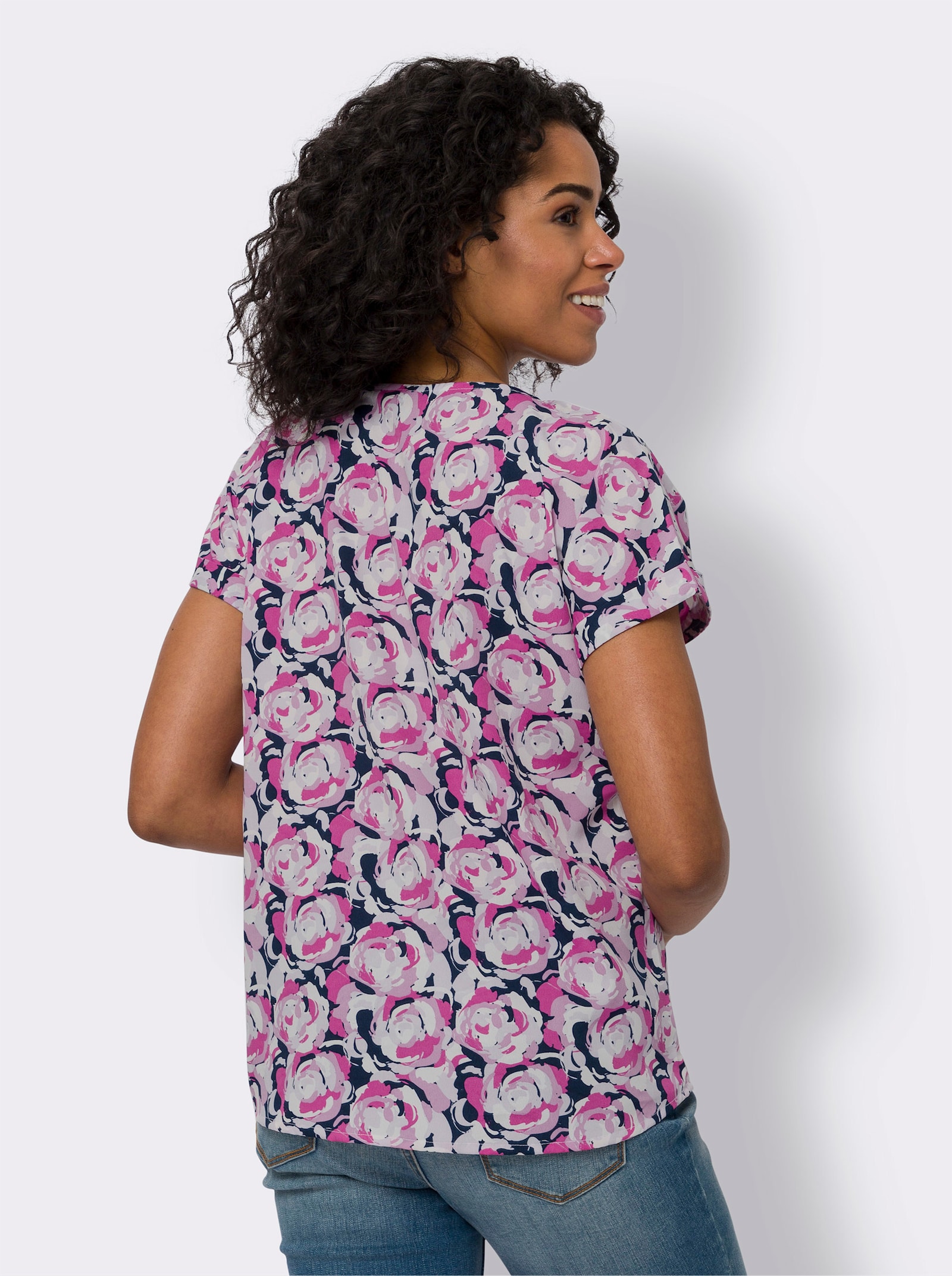 Navlékací halenka s falešnými manžetami - námořnická-fuchsiová-potisk