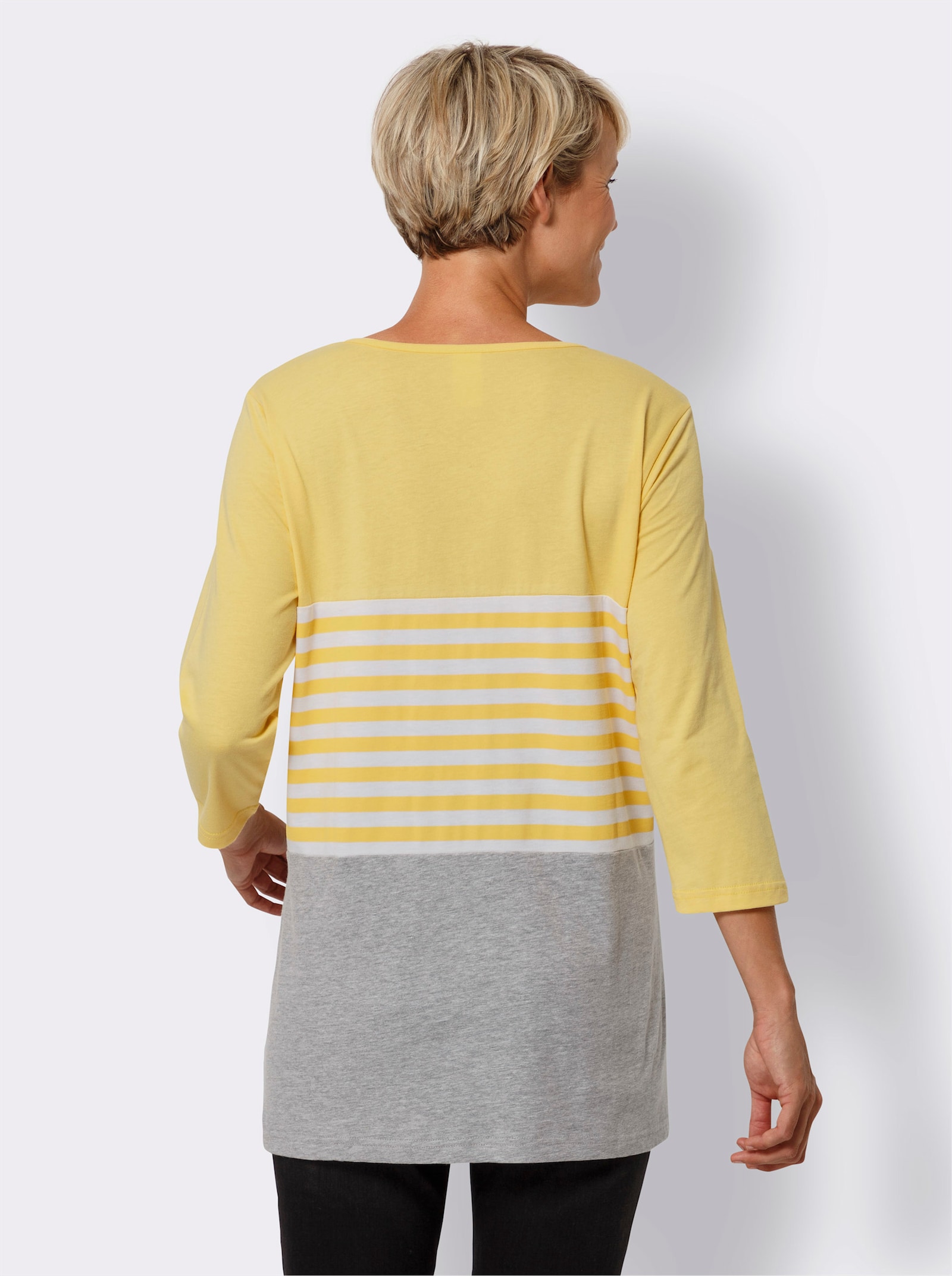 Longshirt mit Streifen-Einsatz - gelb-weiß-bedruckt