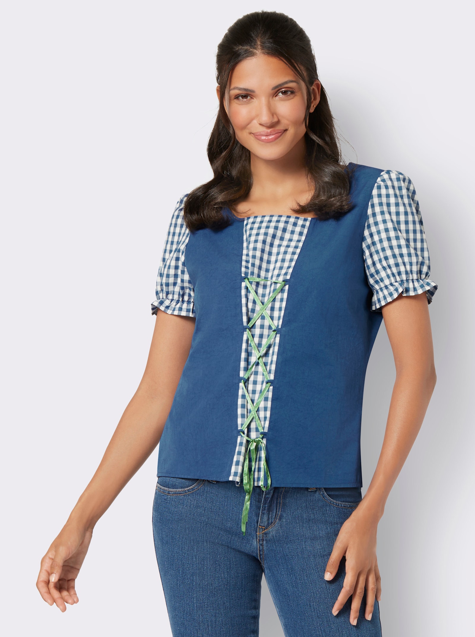 Trachtenbluse mit Einsatz und Schnürung vorne - jeansblau-weiß-bedruckt