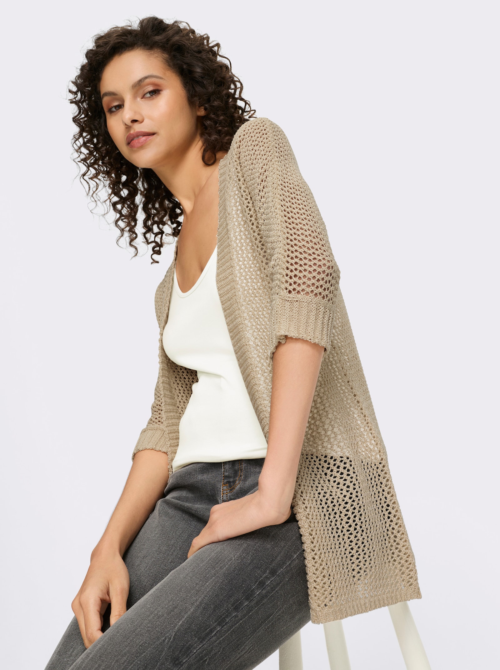 heine Ajourstrickjacke mit Fledermausärmeln - sand