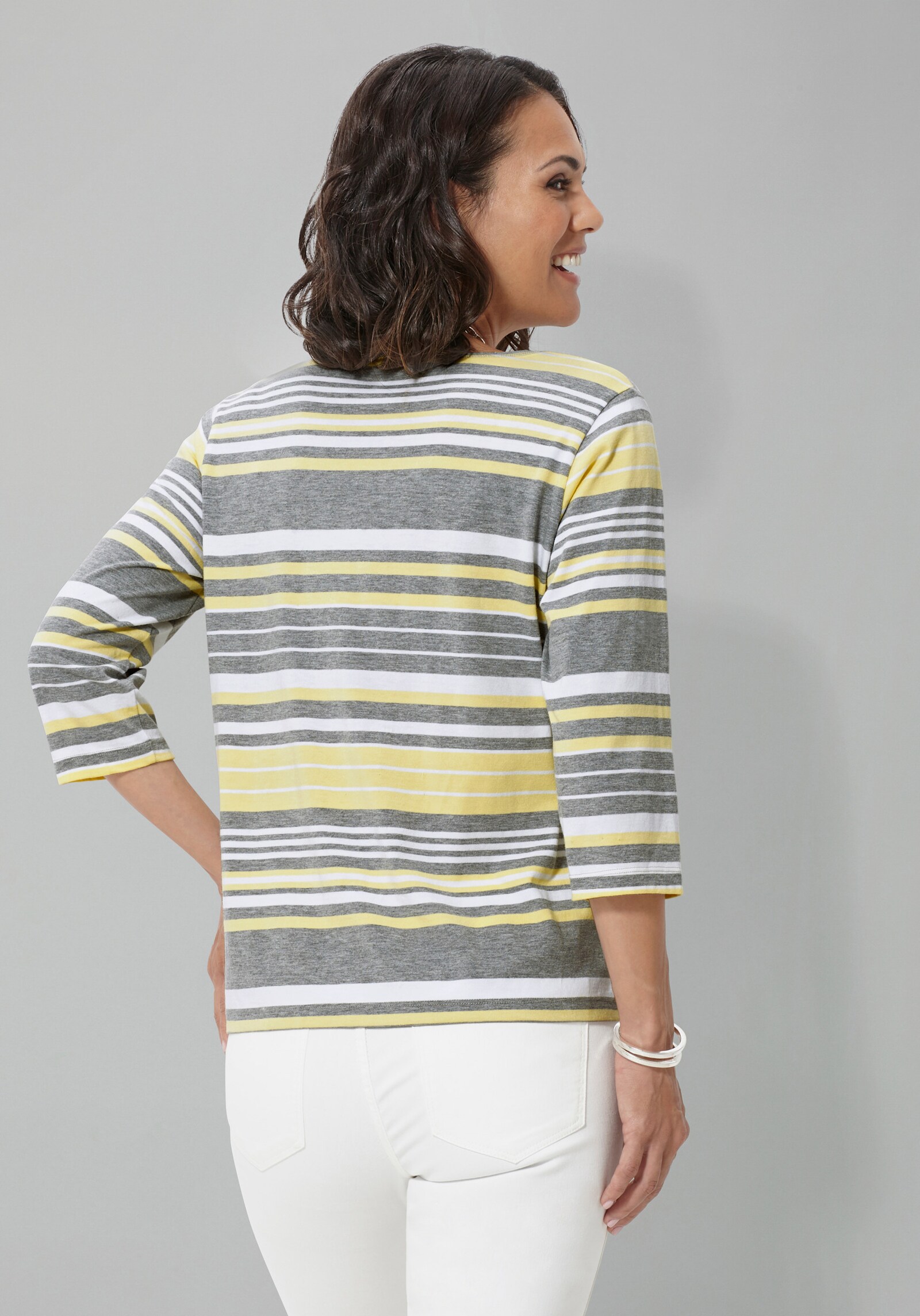 3/4-Arm-Shirt mit Zierknöpfen - zitronengelb-grau-gestreift