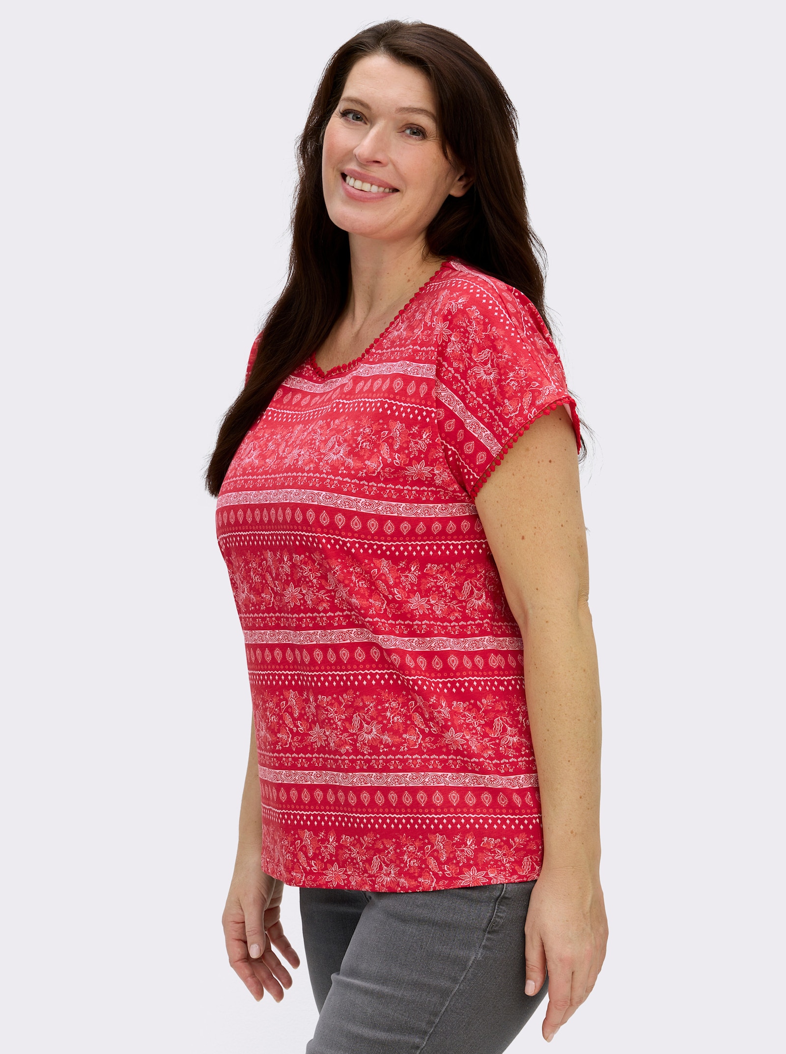  Print-Shirt mit Spitzenborte - erdbeere-ecru-bedruckt