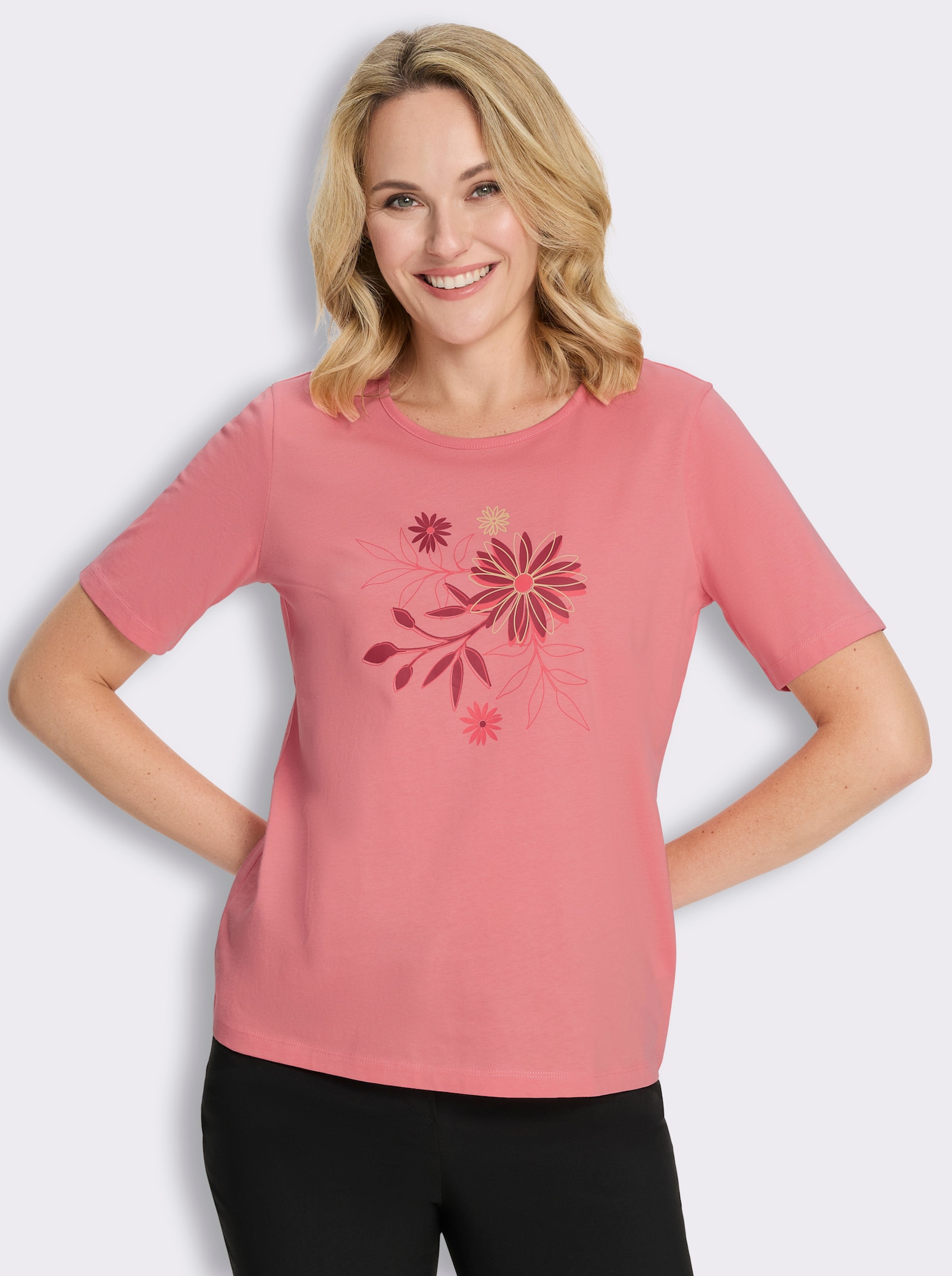 Kurzarmshirt mit Büten-Motiv - flamingo-kirsche